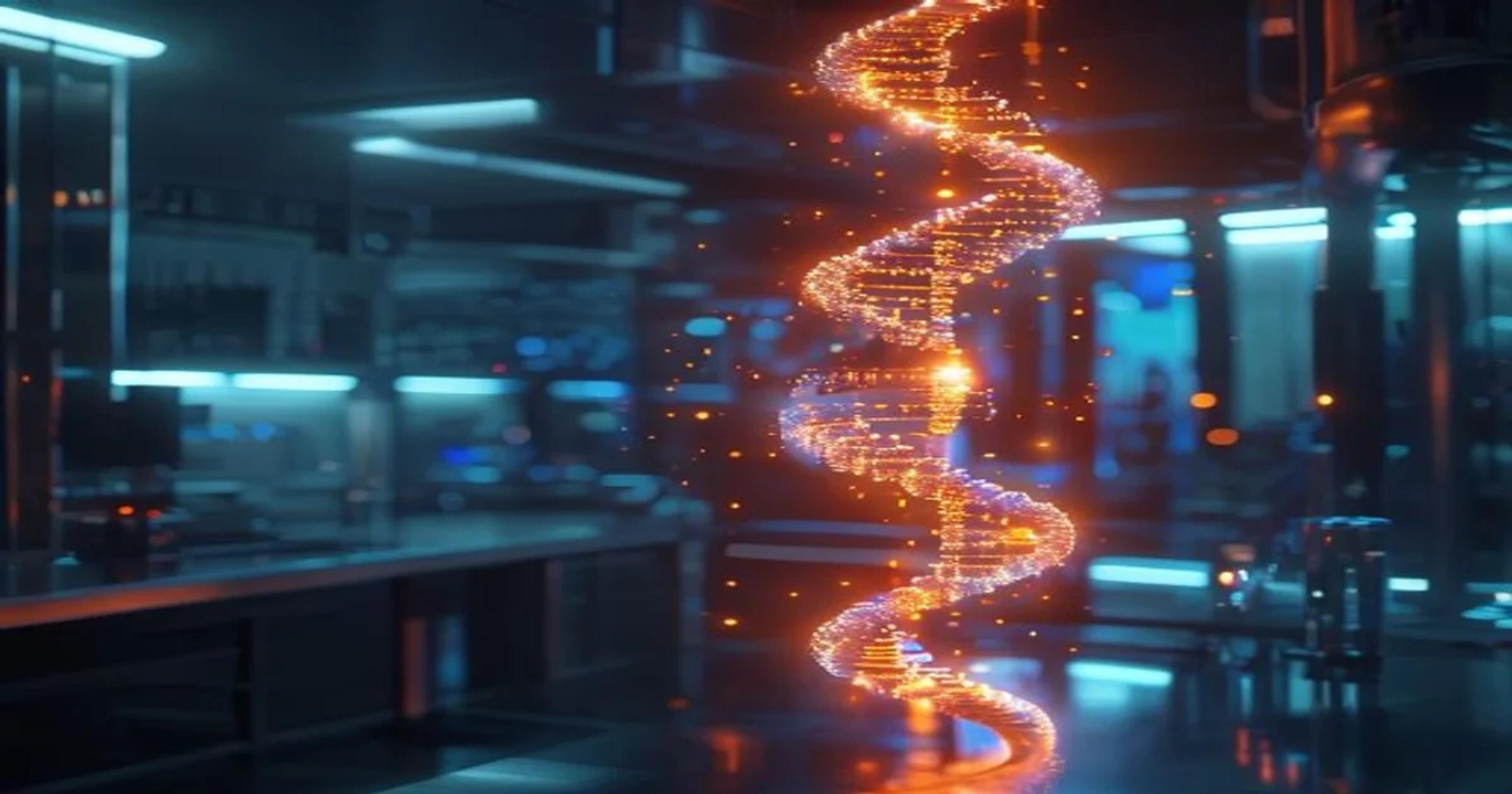 A glowing digital DNA double helix representing AI-driven genetic analysis for medicine.