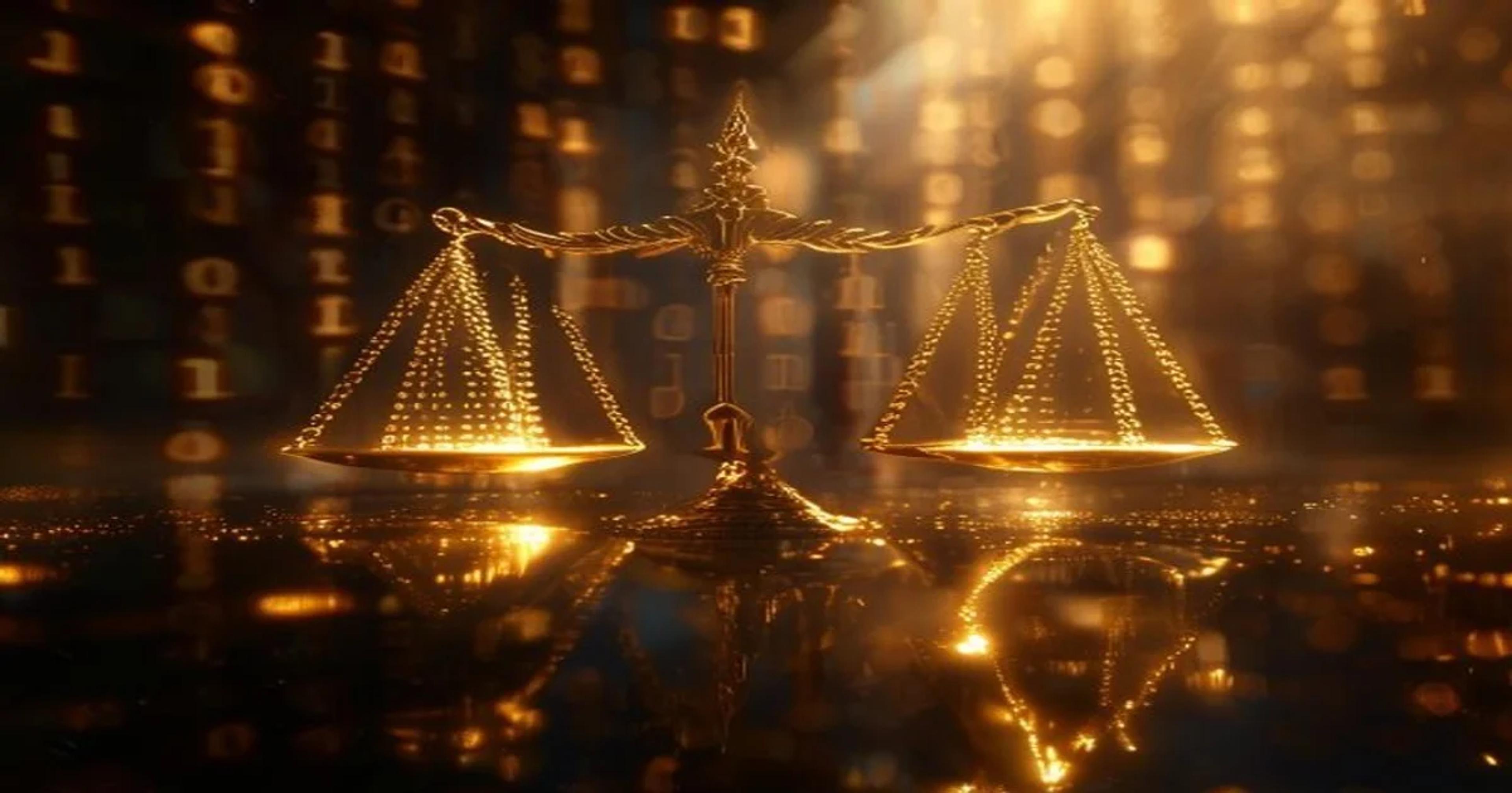 Conceptual representation of AI transparency within the legal system featuring balance scales.