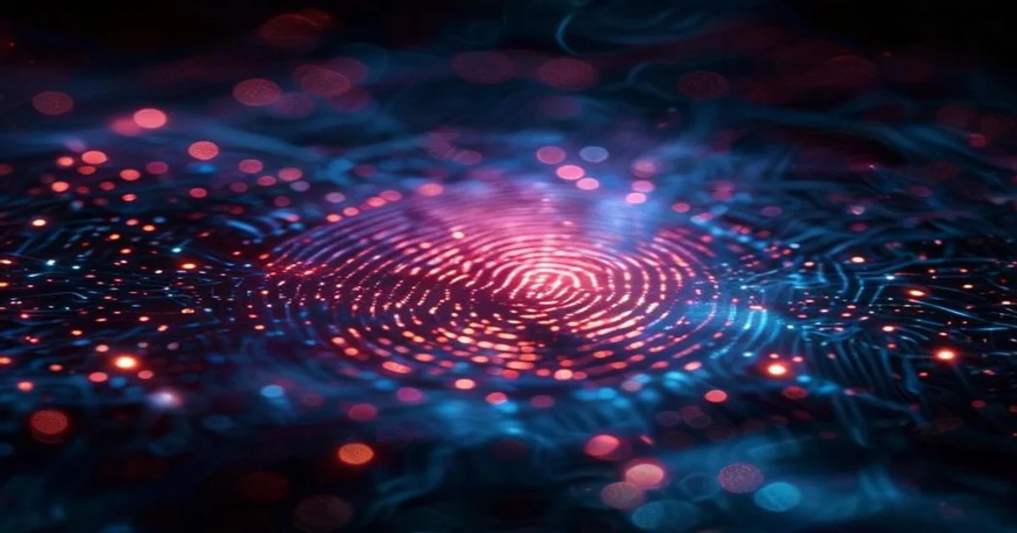 A glowing digital fingerprint representing AI-driven personal credibility verification.