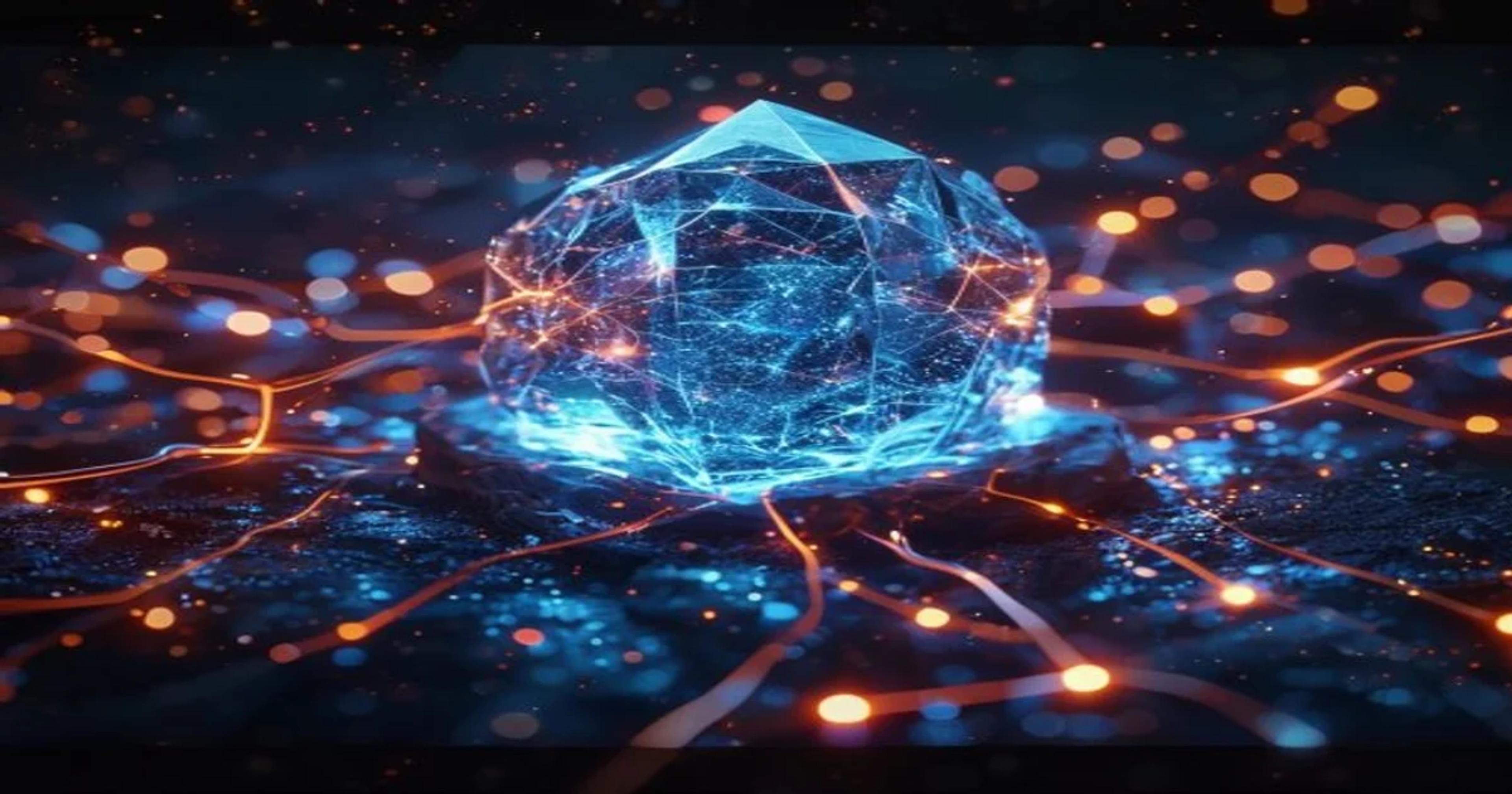 An abstract digital representation of AI neural networks constructing a resilient shield around information nodes.