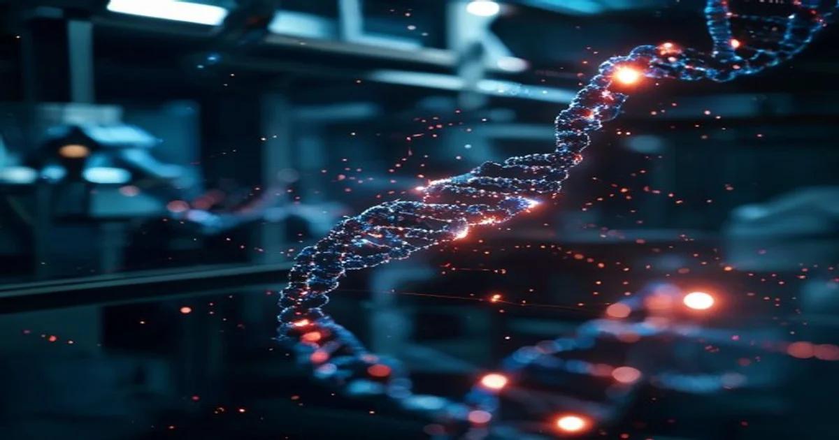 A stylized visualization of digital neural networks overlaying human DNA strands to symbolize AI-driven biological aging research.