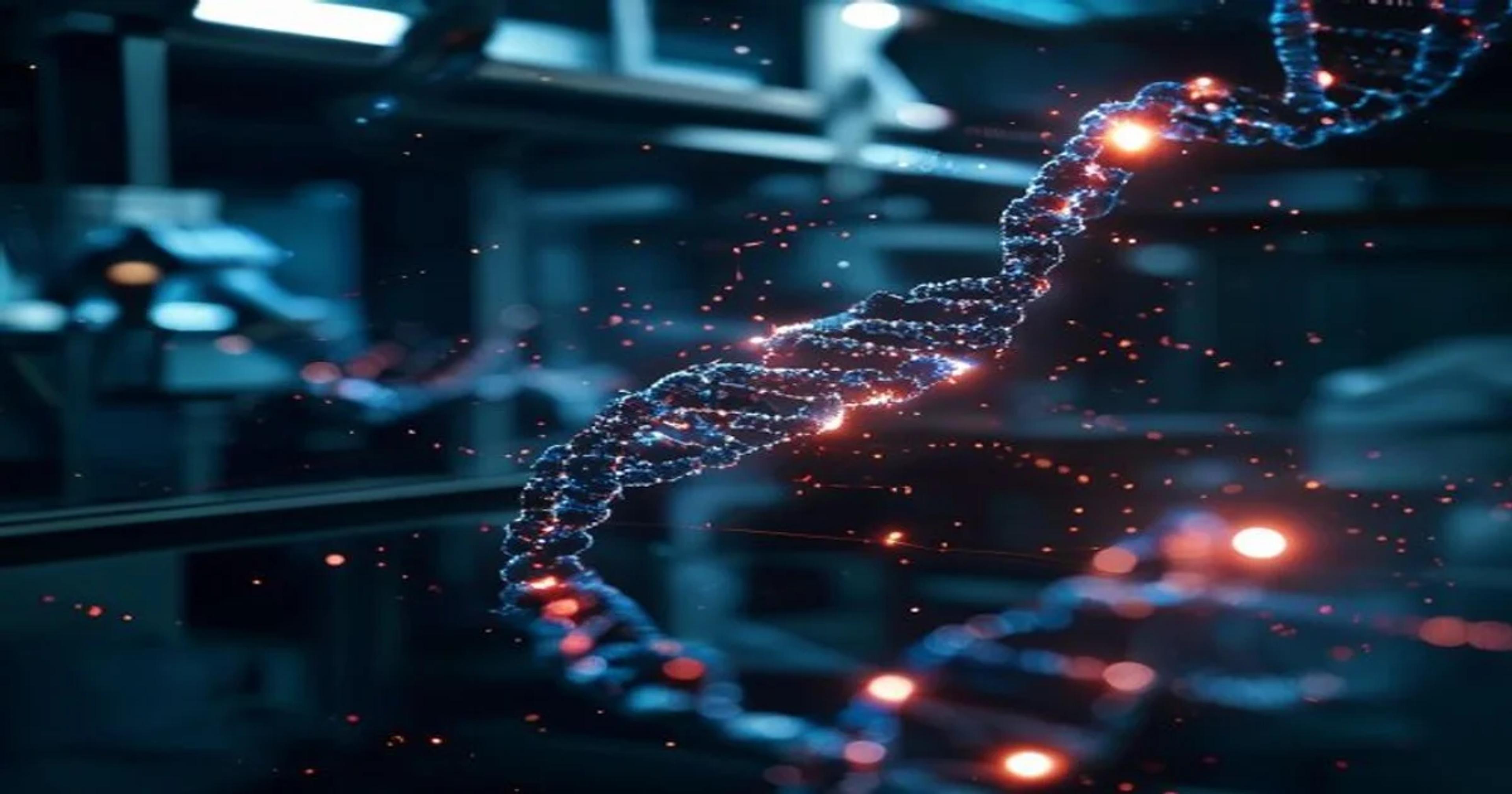 A stylized visualization of digital neural networks overlaying human DNA strands to symbolize AI-driven biological aging research.