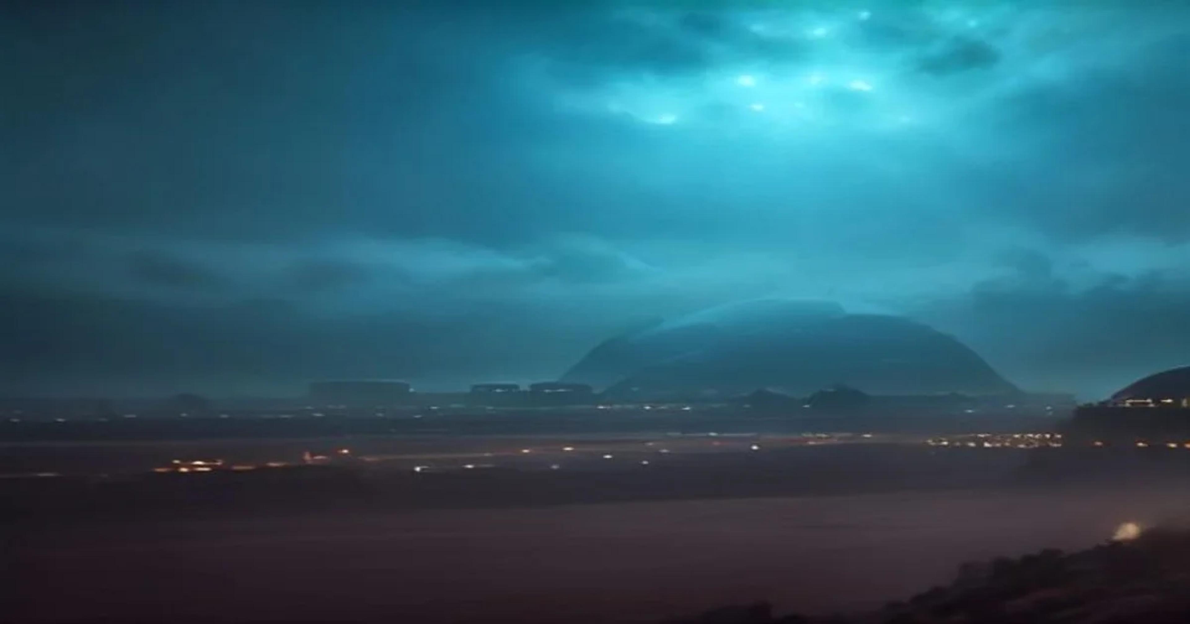A futuristic city skyline featuring adaptive weatherproofing technology and smart sensor networks under a stormy sky.