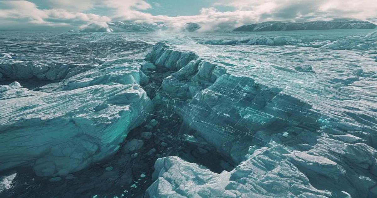 A high-resolution image showing a melting glacier with translucent digital holographic data grids projected over the ice surface.