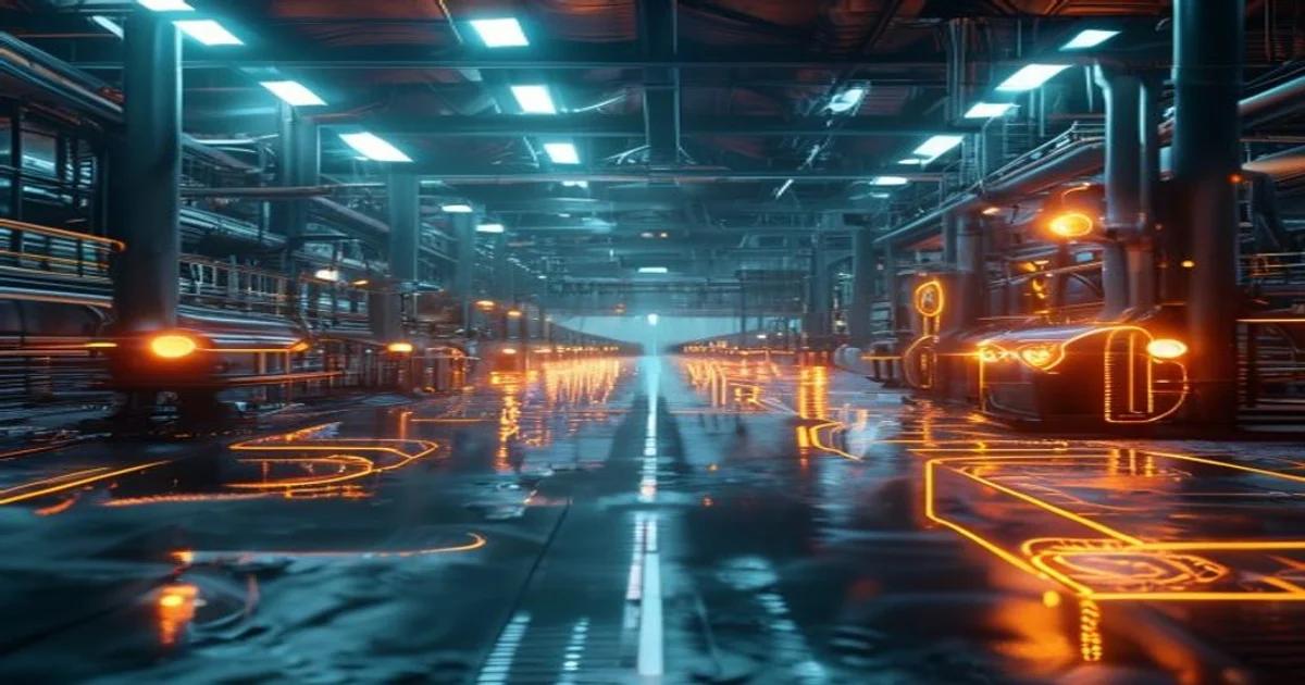 A conceptual visual representing AI-controlled energy distribution networks within a large-scale smart factory environment.