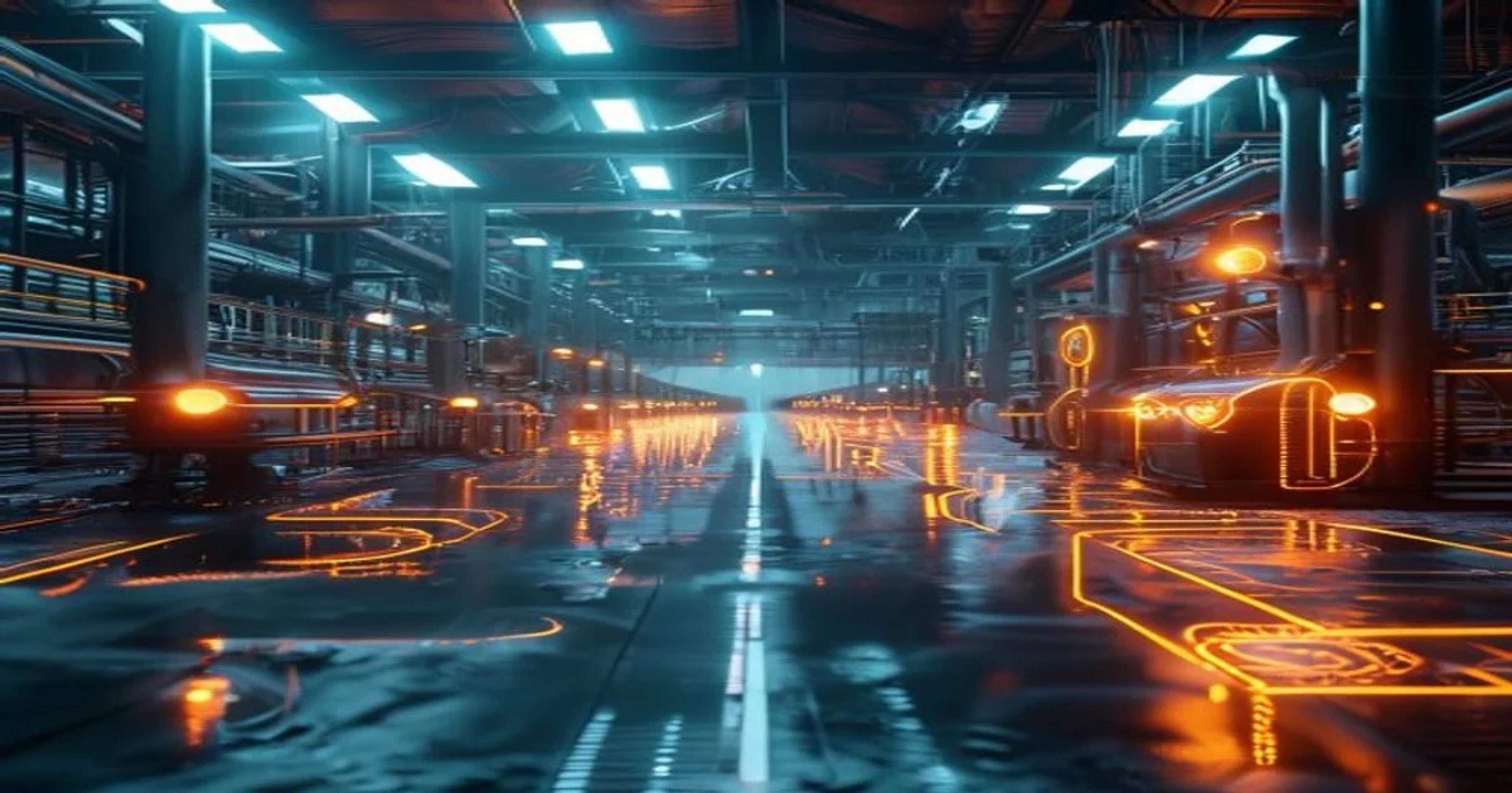 A conceptual visual representing AI-controlled energy distribution networks within a large-scale smart factory environment.
