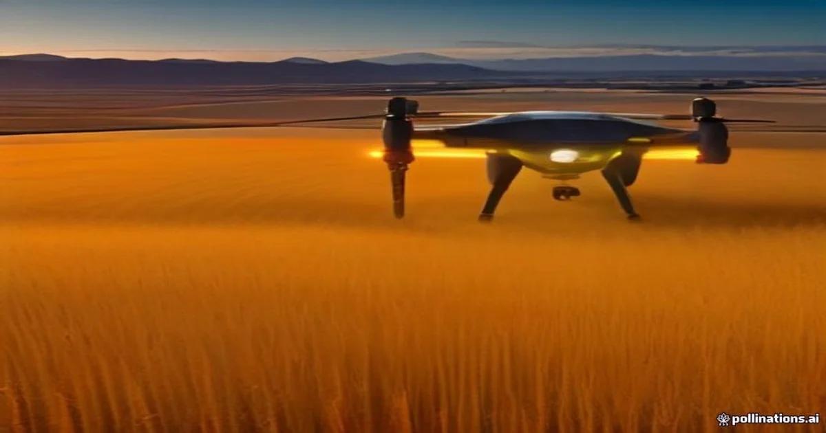 An AI-powered agricultural drone hovering over a field to assess crop health and insurance risks.