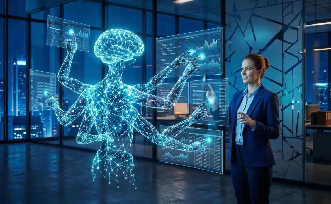 A conceptual visualization of Agentic AI acting as an autonomous digital collaborator, managing complex multi-step workflows across various holographic interfaces alongside a human manager in a modern technological environment