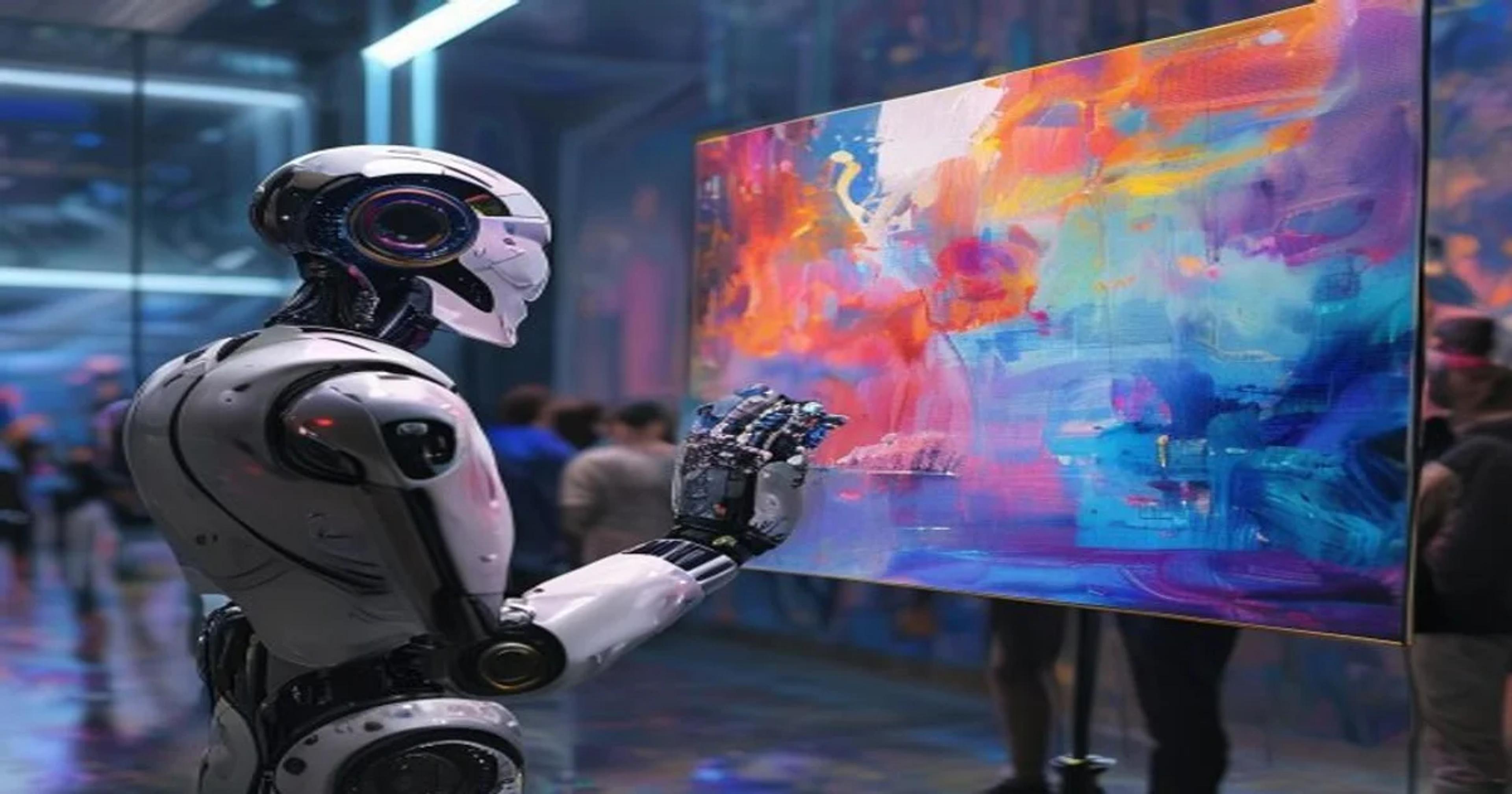 Robotic hand painting abstract art in a gallery, representing AI creativity and human reception.