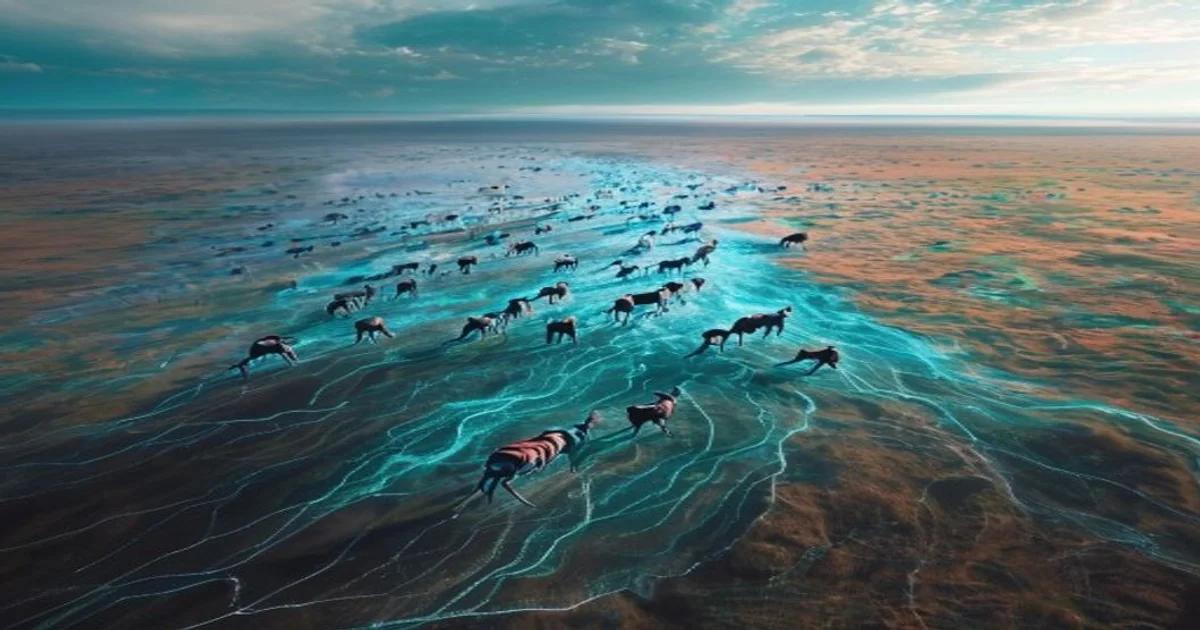 An aerial depiction of wildlife migration paths visualized through high-tech AI mapping software.