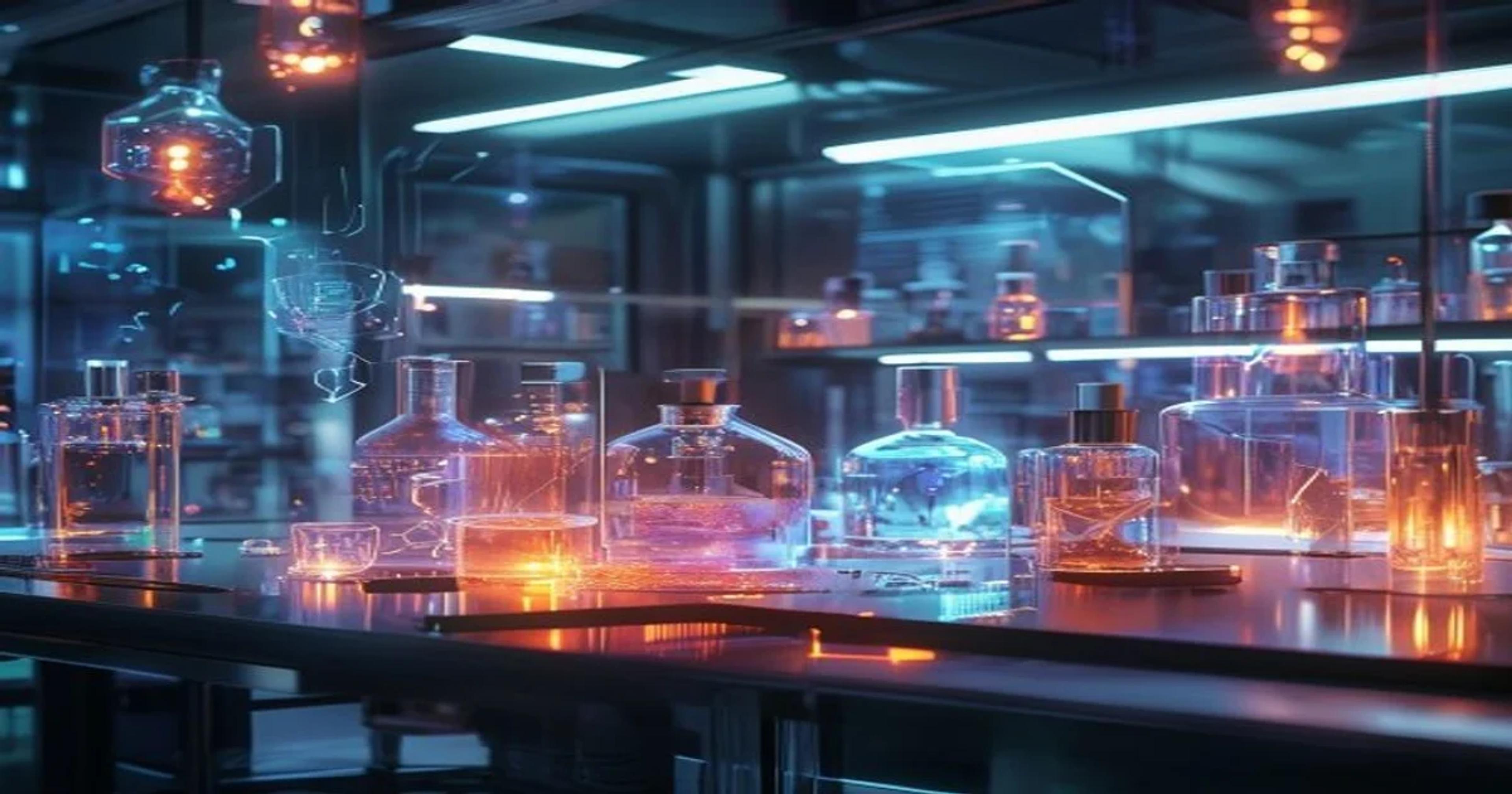 An advanced digital interface displaying molecular fragrance formulas for AI-driven perfume design in a high-tech laboratory setting.
