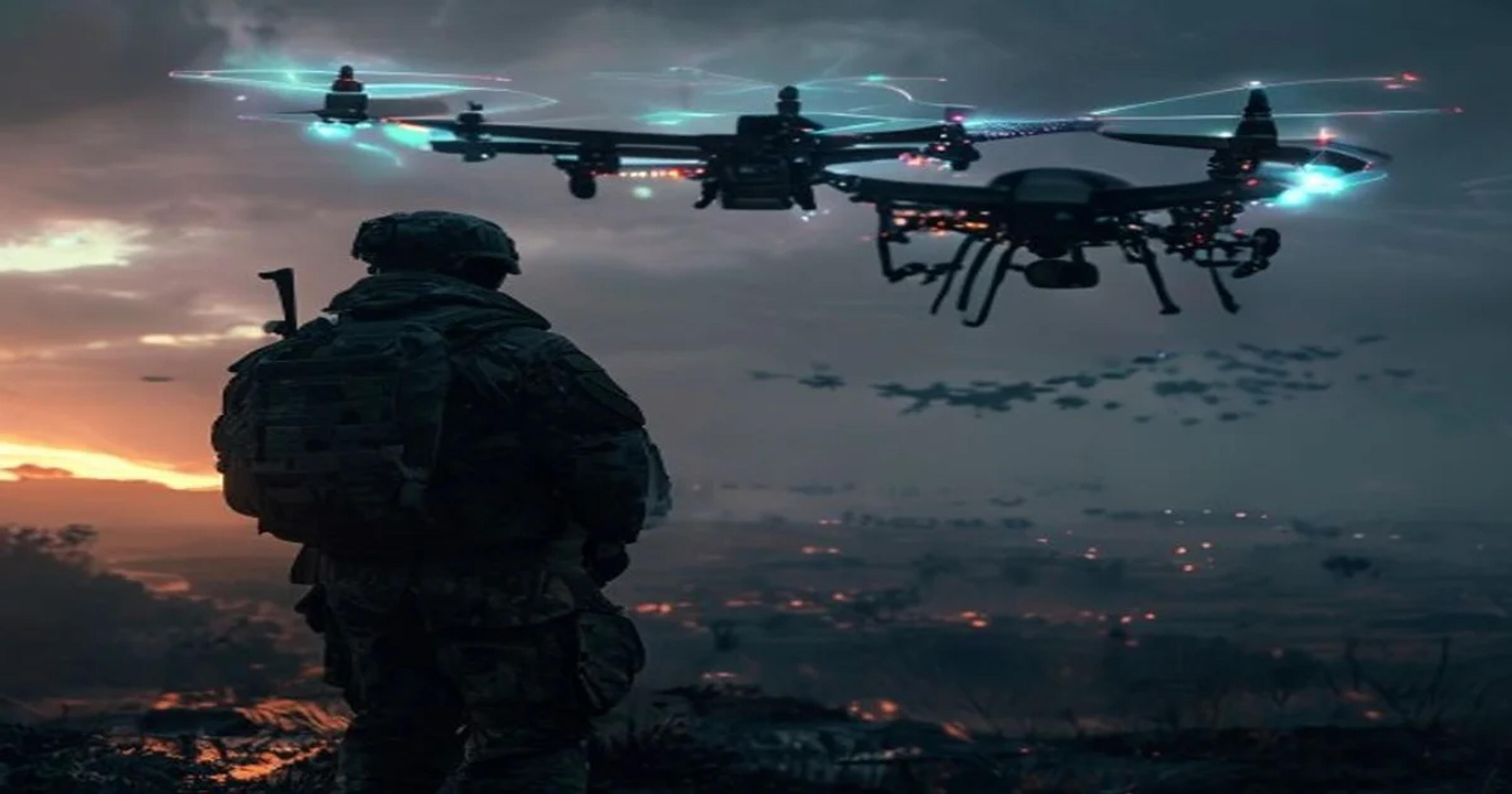 Soldier looks at AI drone swarm hologram, ethical military AI concept