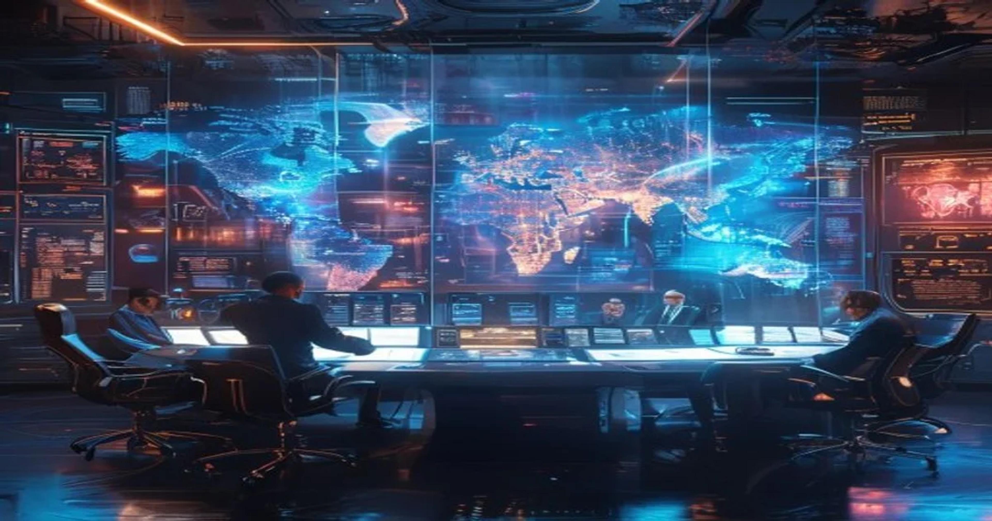 Artificial intelligence interfaces influencing global strategy in a futuristic control room.
