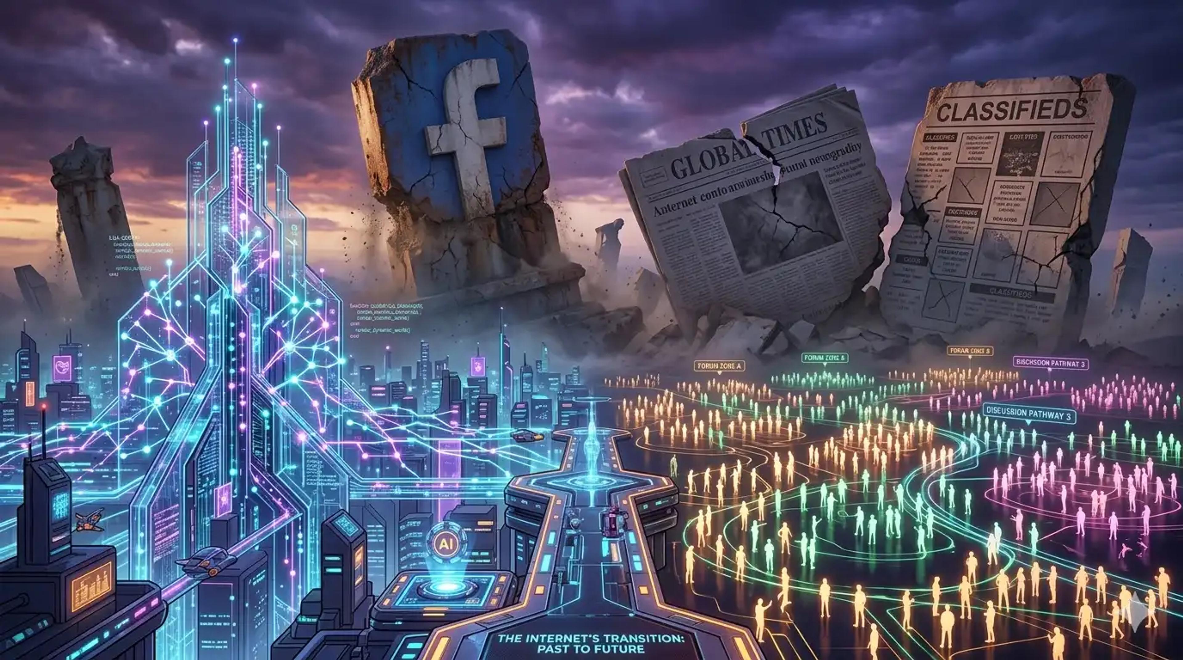 Cinematic illustration showing crumbling monuments of legacy social media in the background, with a vibrant futuristic city in the foreground powered by artificial intelligence neural networks and interconnected human forums