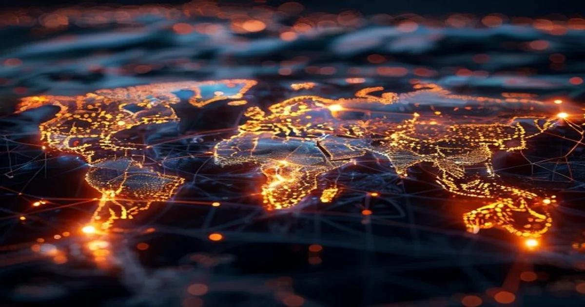 A glowing digital representation of global network nodes mediating international diplomatic relations through advanced artificial intelligence.