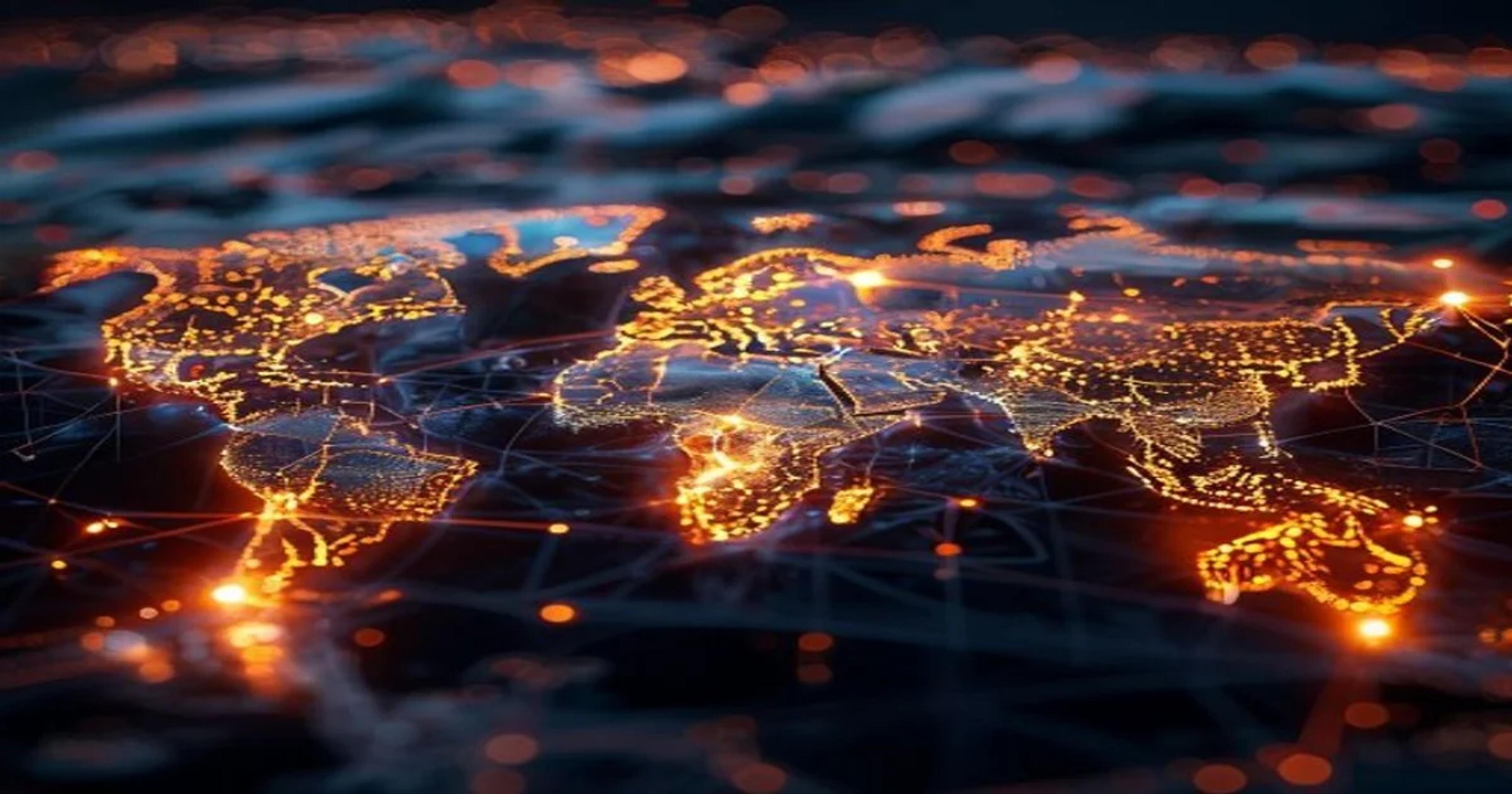 A glowing digital representation of global network nodes mediating international diplomatic relations through advanced artificial intelligence.