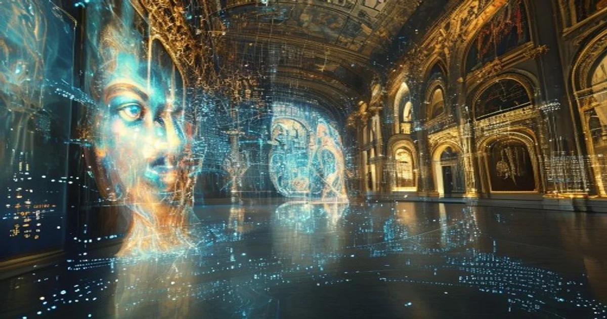 An AI algorithm digitally restoring a classic painting, showcasing technological advancements in art preservation.