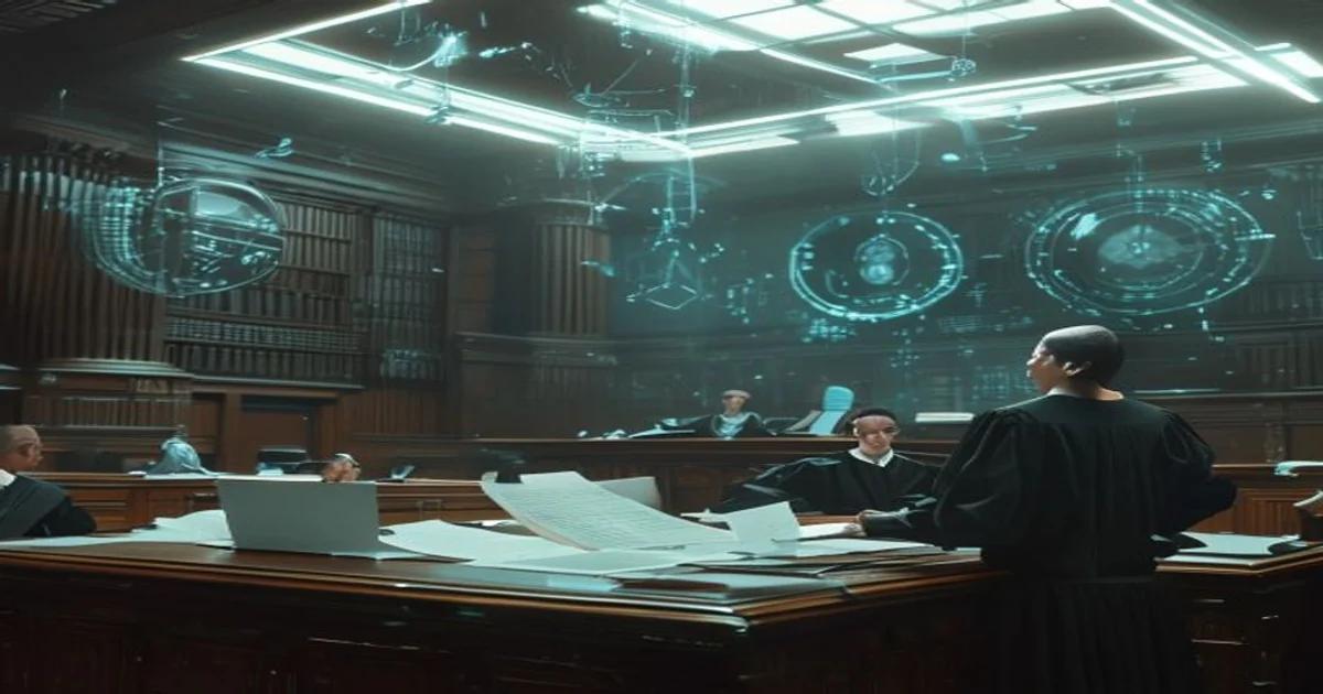 AI impacting the legal profession with advanced technology in a courtroom.