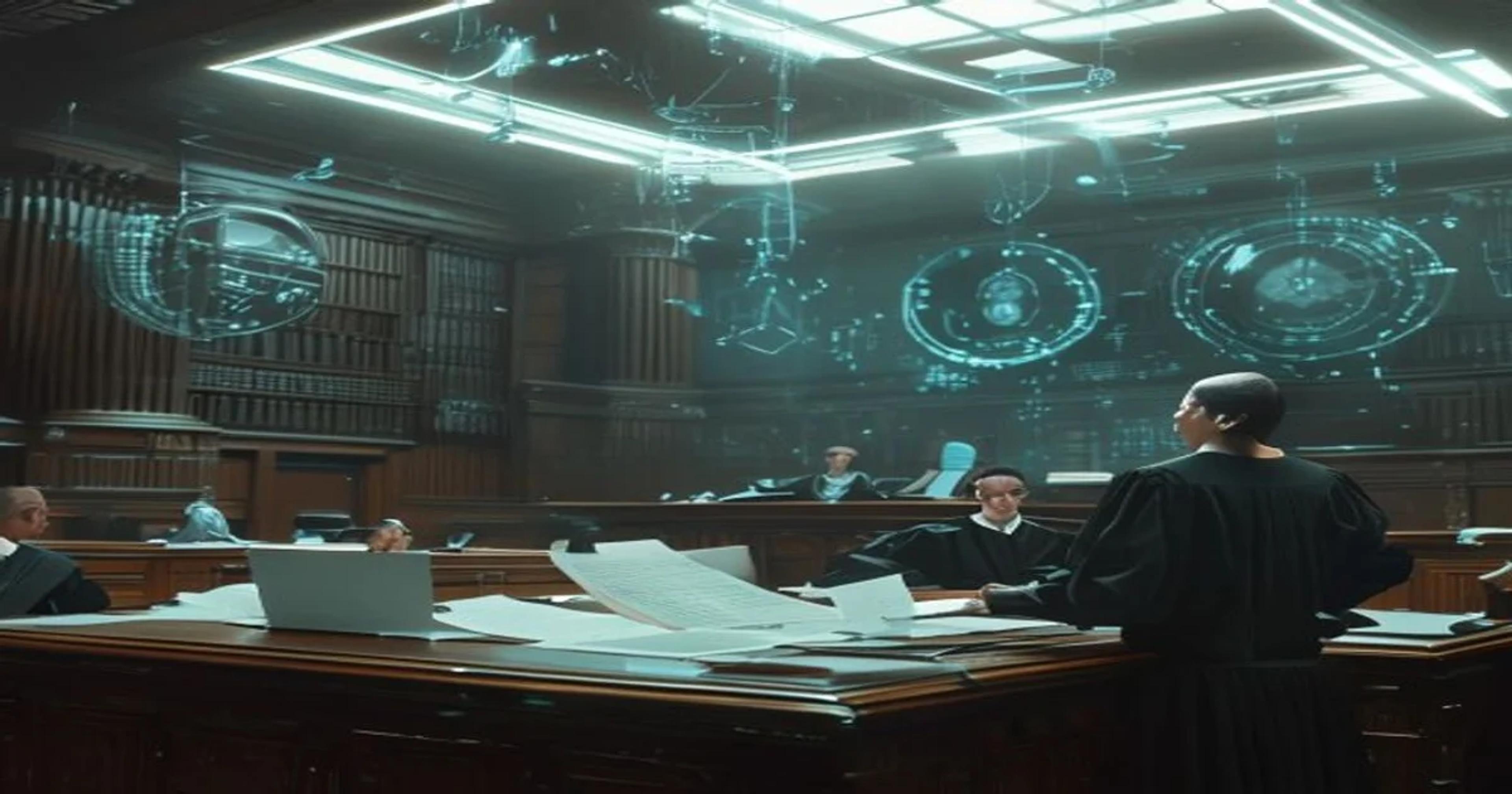 AI impacting the legal profession with advanced technology in a courtroom.