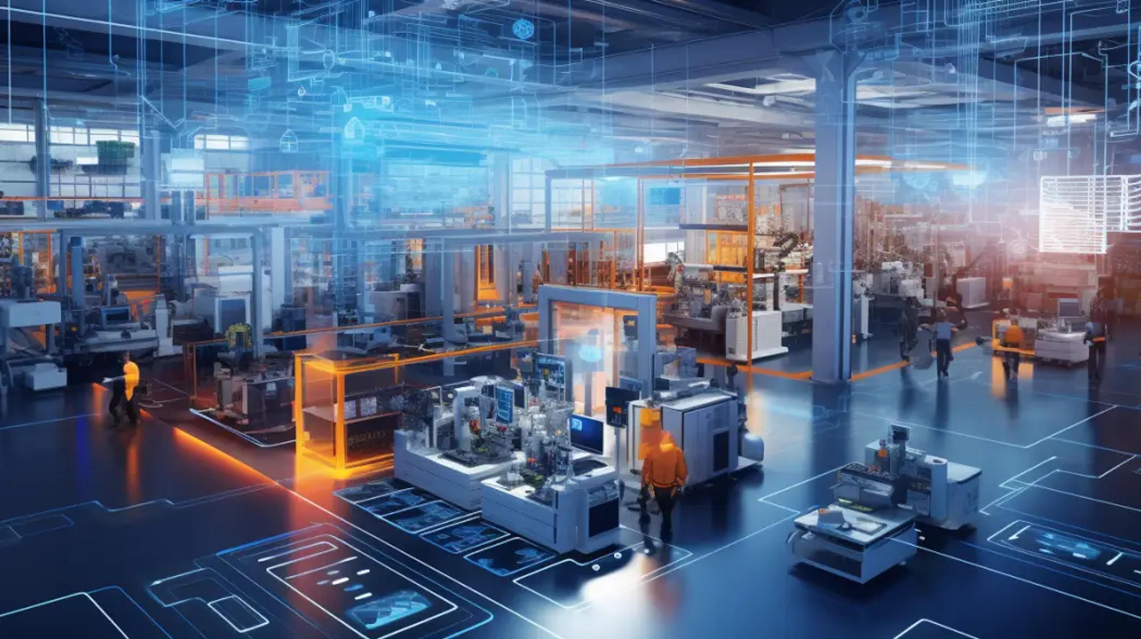 AI-powered robots and human workers collaborating in a modern factory, symbolizing manufacturing reshoring.