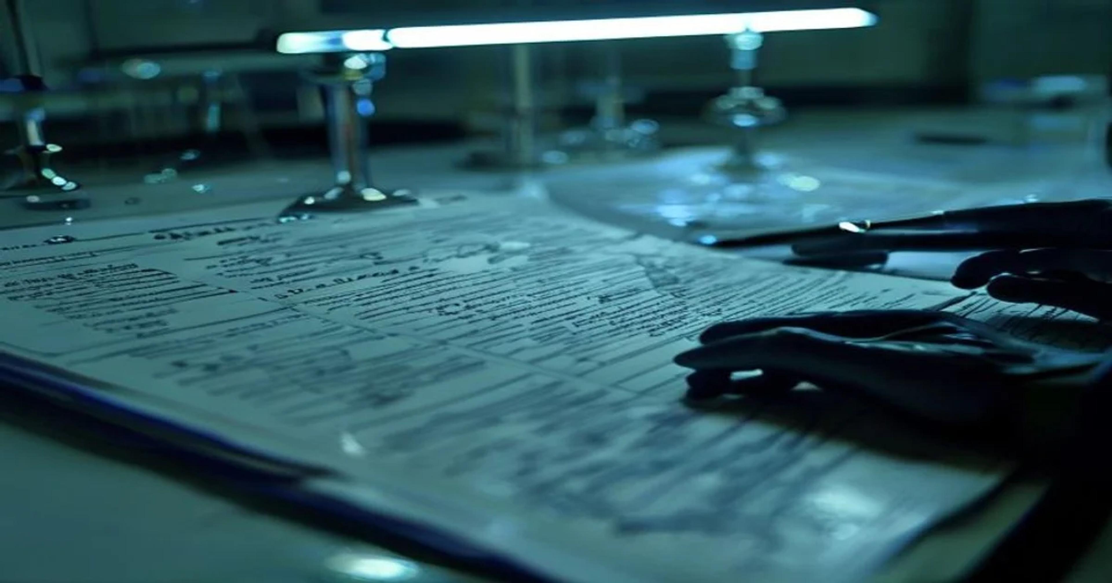 Close-up of artificial intelligence analyzing patterns in a handwritten document for forensic examination.