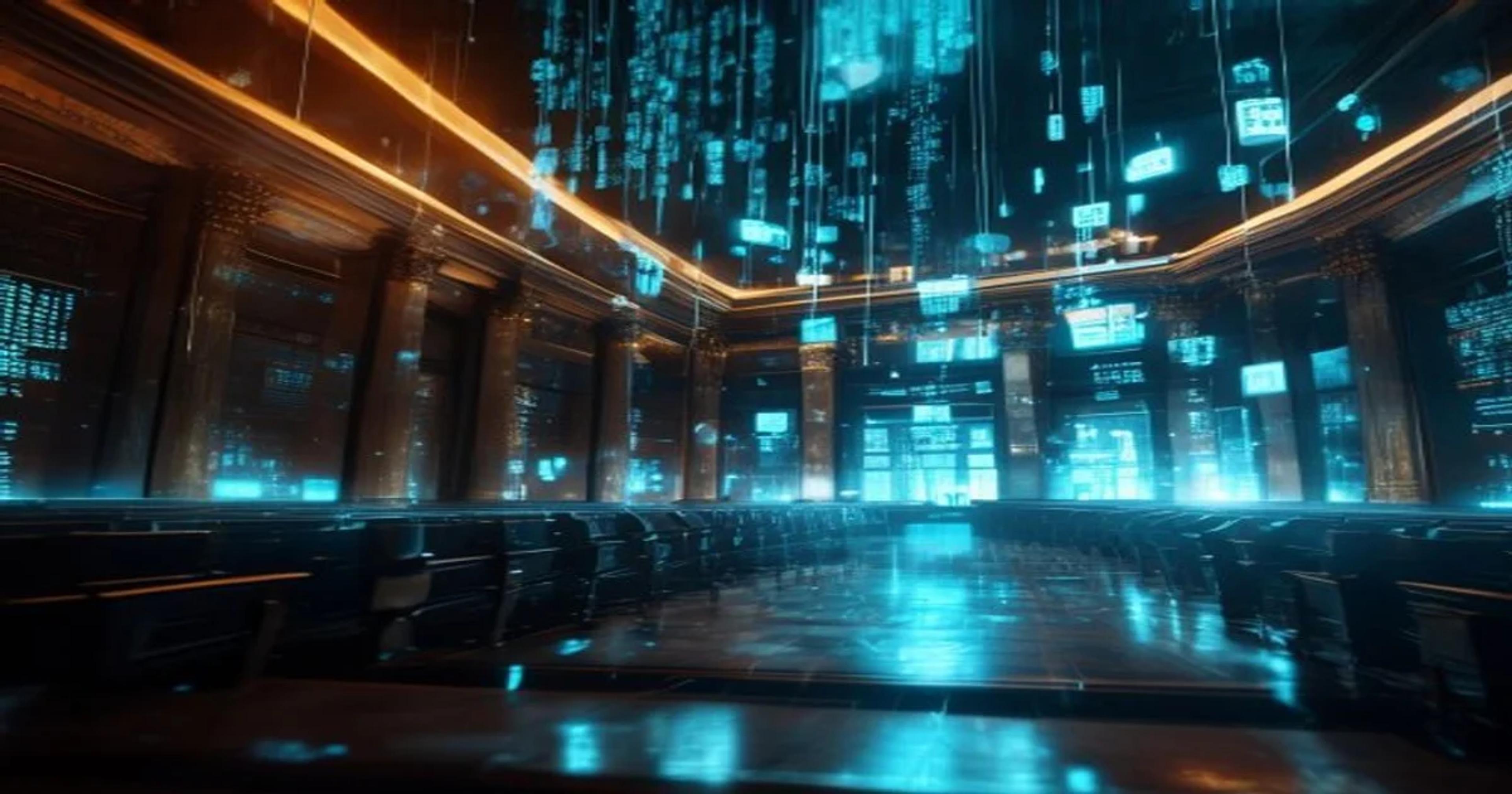 A futuristic visualization of legislative data modeling being processed by artificial intelligence systems.