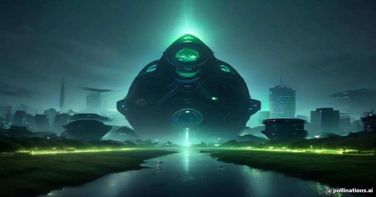 An aerial perspective of a verdant, technologically advanced city, showcasing smart integration of natural biomes and urban infrastructure, monitored by AI systems.