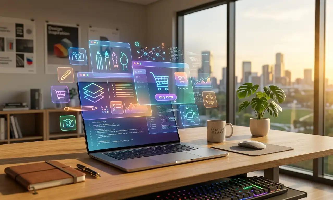 A modern, sunlit workspace featuring a laptop projecting a glowing holographic interface that combines graphic design tools and digital e-commerce elements