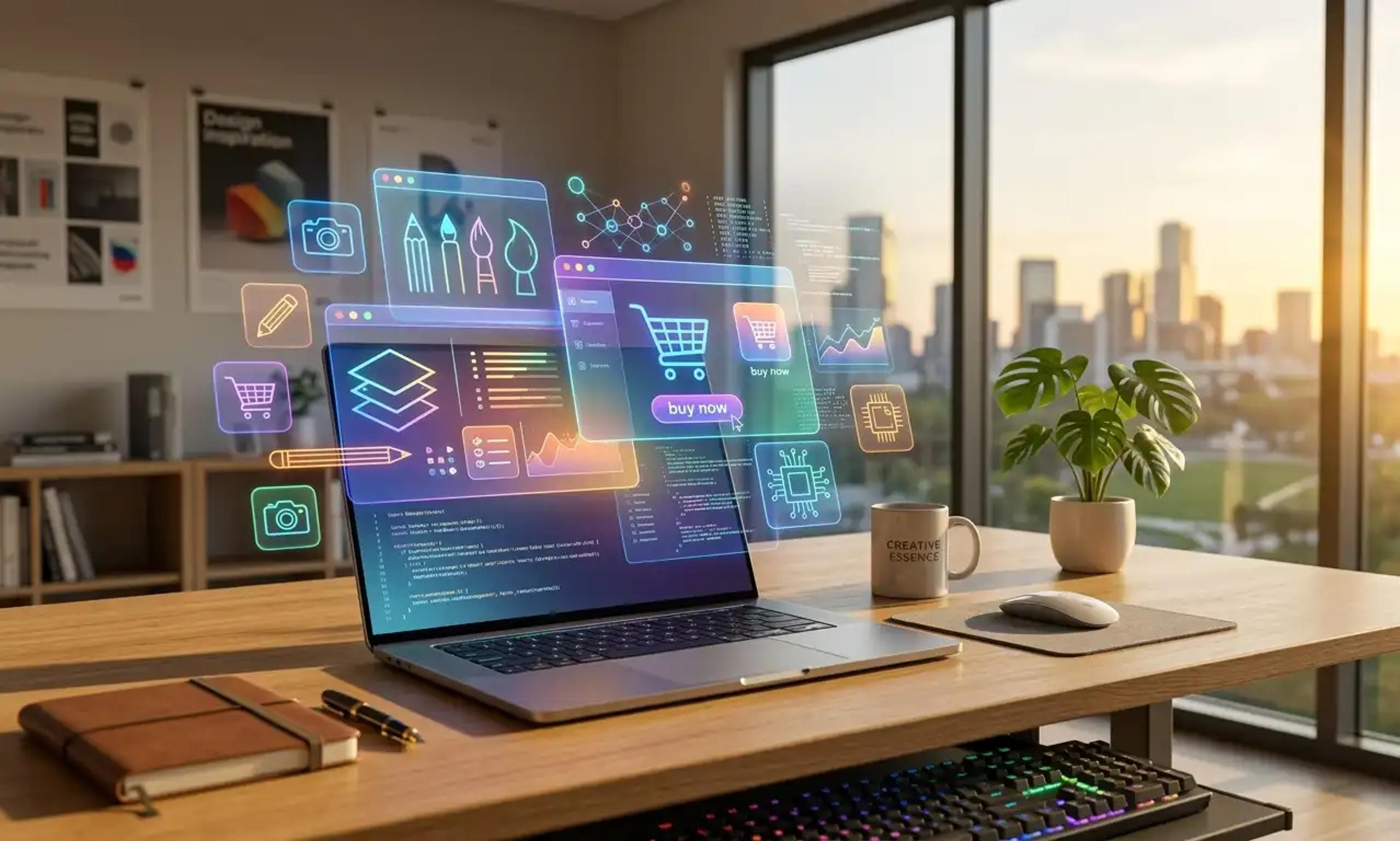A modern, sunlit workspace featuring a laptop projecting a glowing holographic interface that combines graphic design tools and digital e-commerce elements