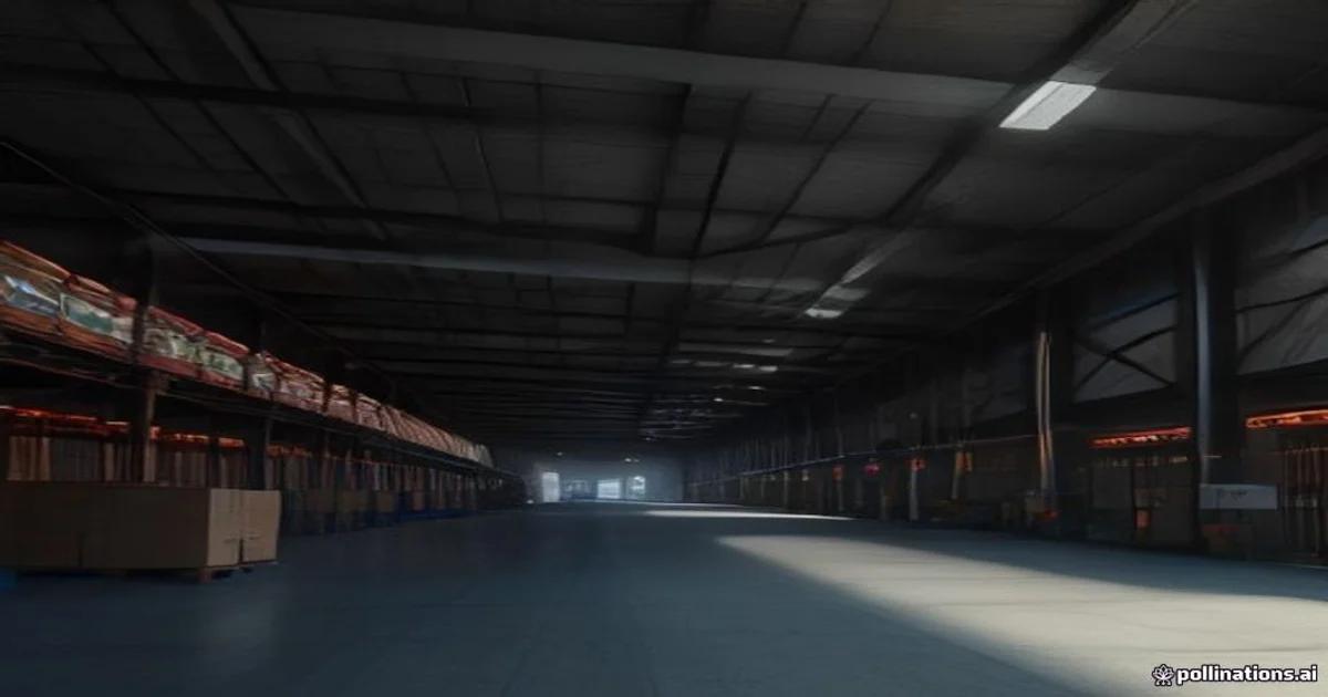 A futuristic automated warehouse facility showing AI-driven logistics nodes and digital infrastructure.