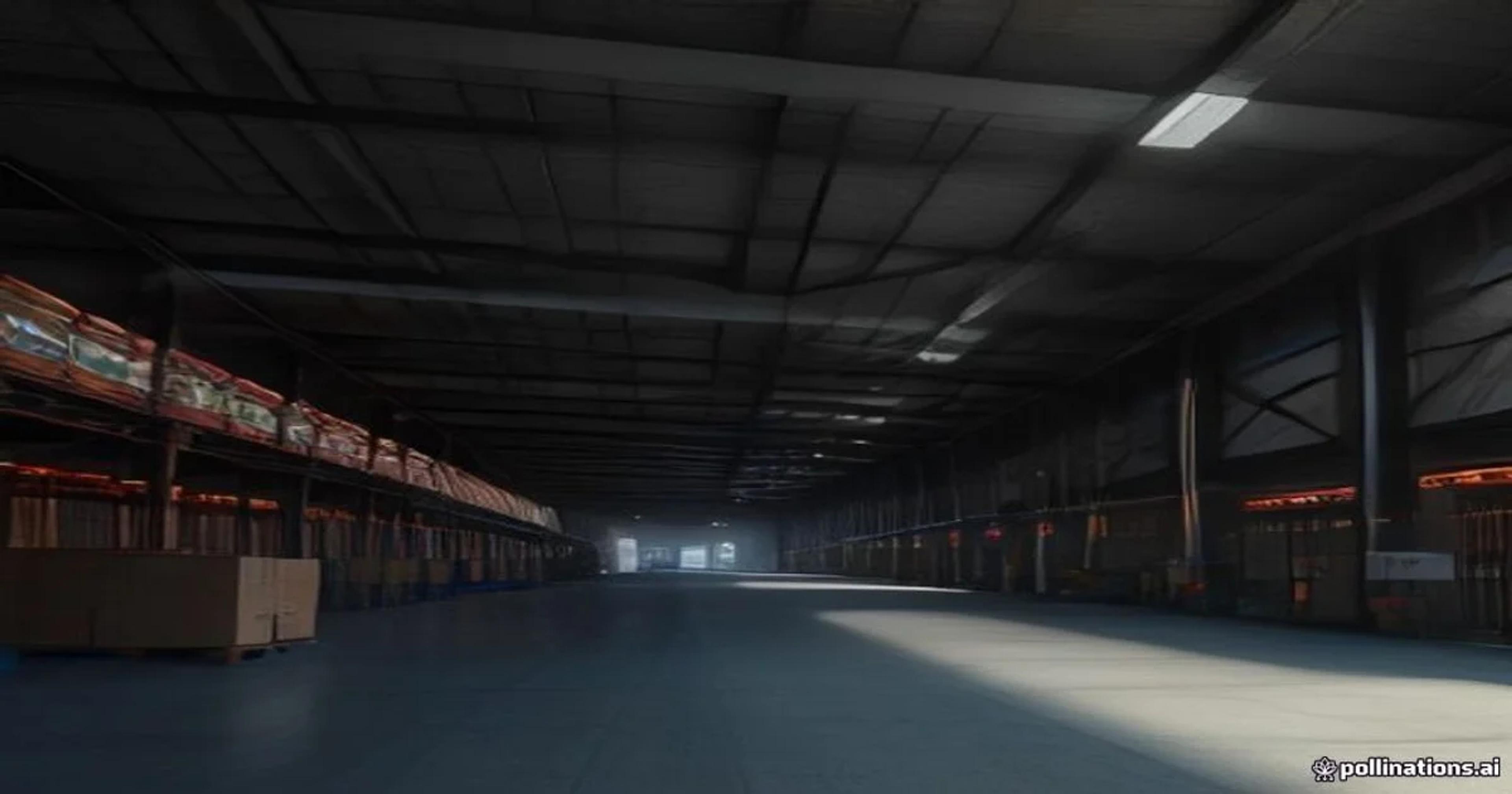 A futuristic automated warehouse facility showing AI-driven logistics nodes and digital infrastructure.