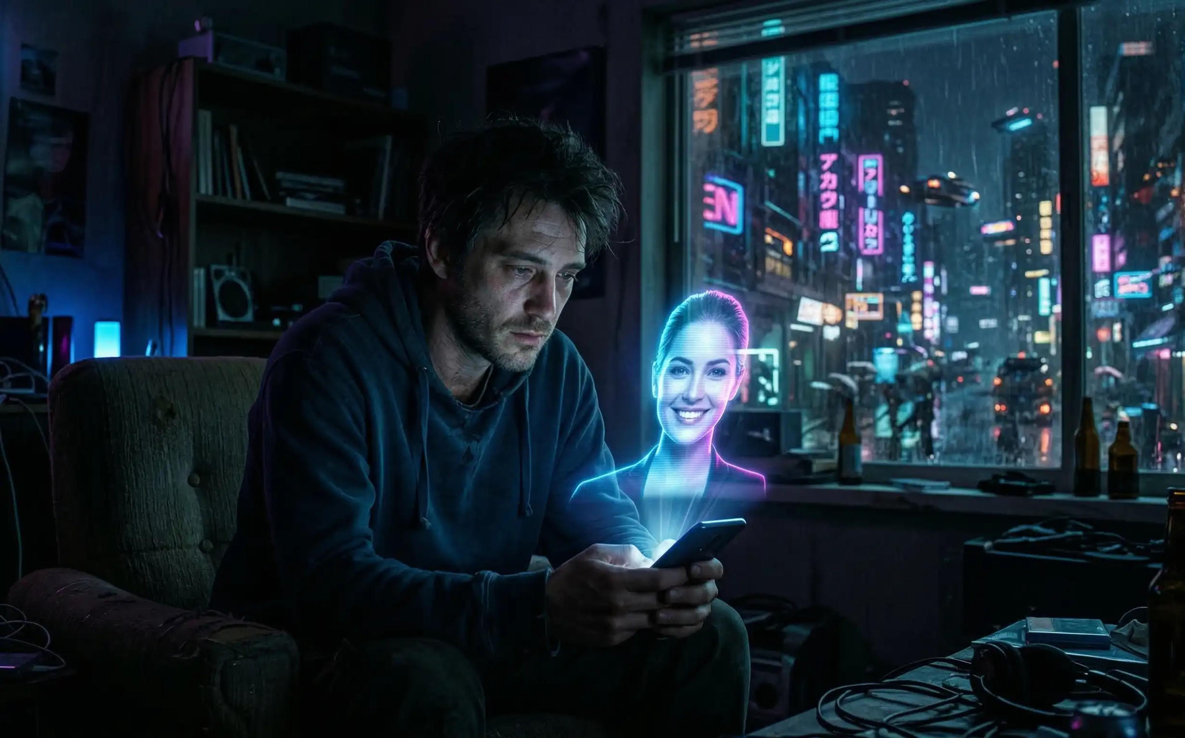 A person sitting in the dark interacting with a glowing, artificial AI hologram on a smartphone, illustrating the isolating reality of synthetic empathy and AI companions