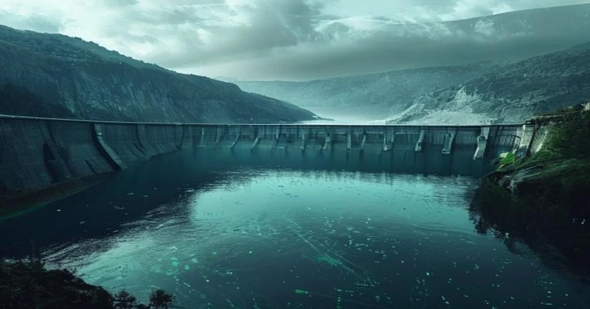 A sophisticated digital visualization of dam reservoir water levels integrated with AI data analysis software.
