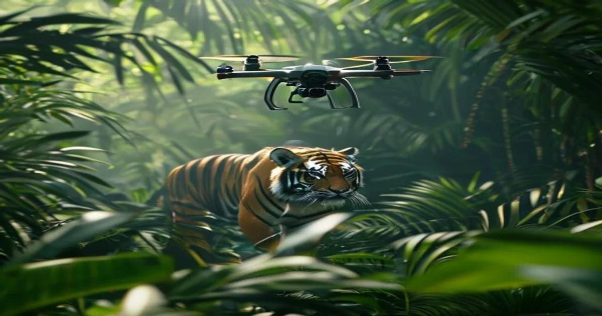 An AI-powered drone monitoring wildlife in a remote forest for veterinary diagnostics.