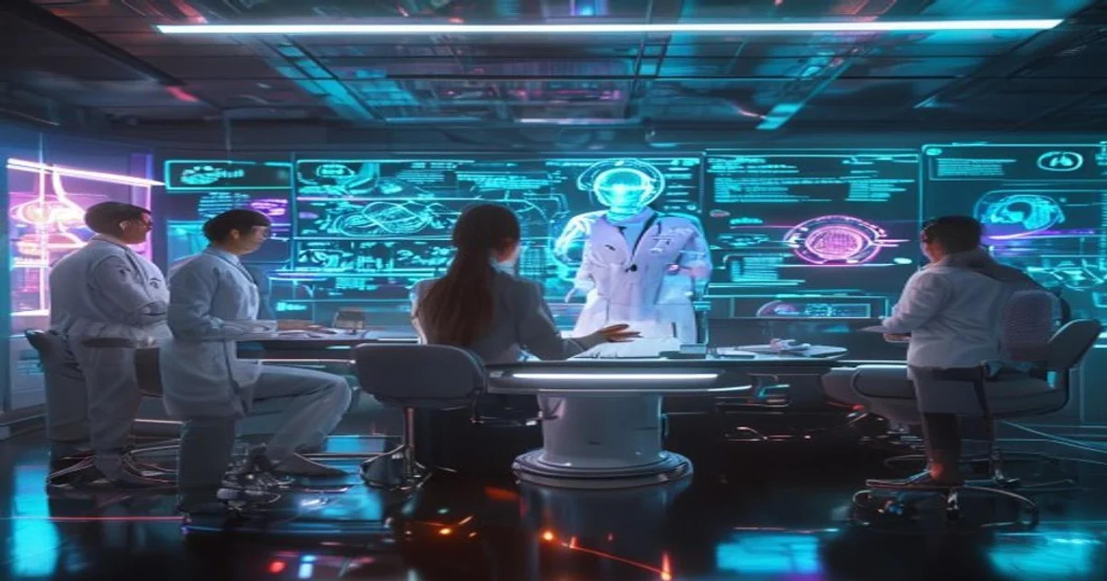 Doctors and AI systems collaborating in a high-tech medical environment to enhance patient care and outcomes.