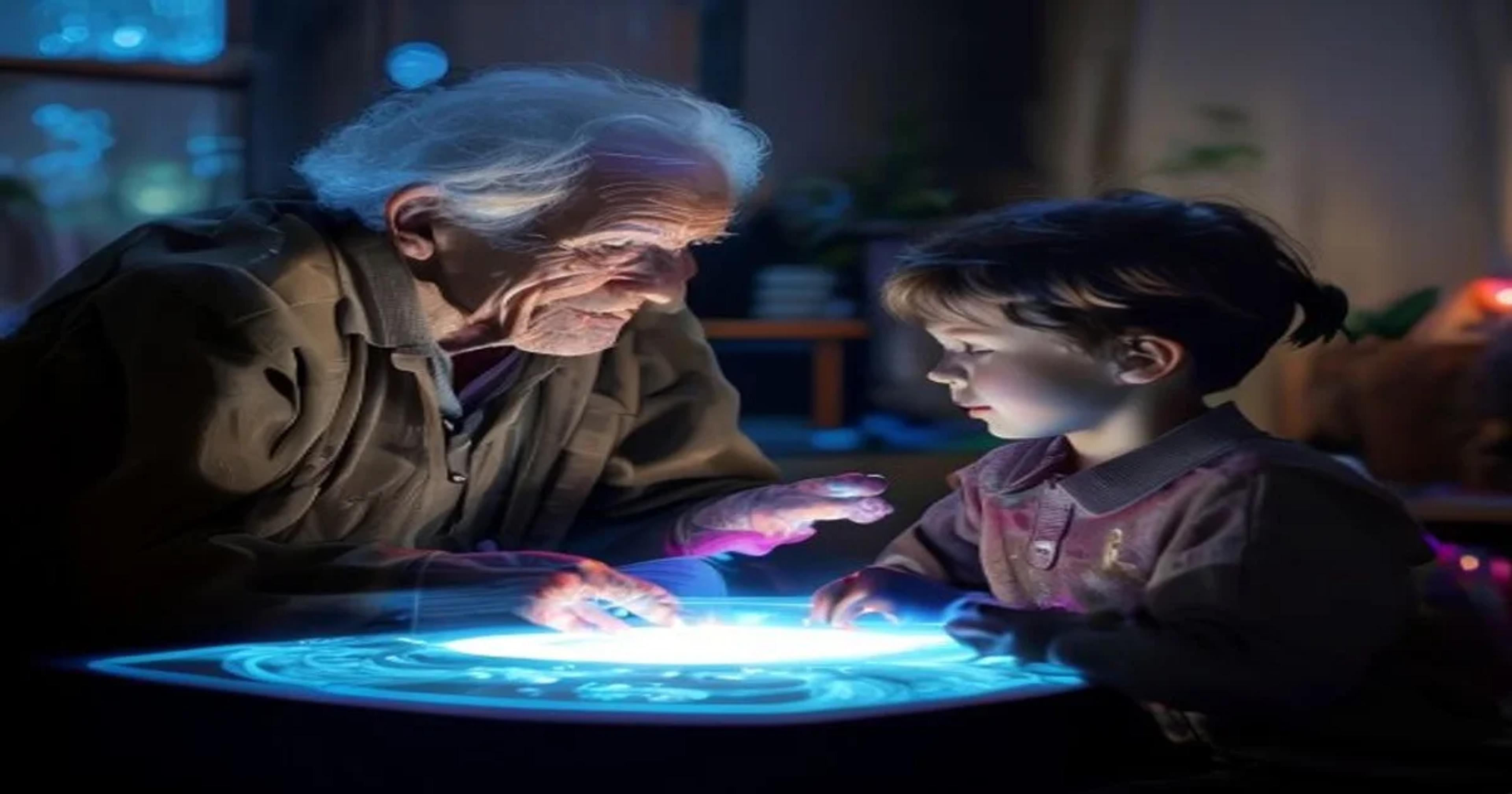An elderly person and a young child interacting with an AI interface to learn a language
