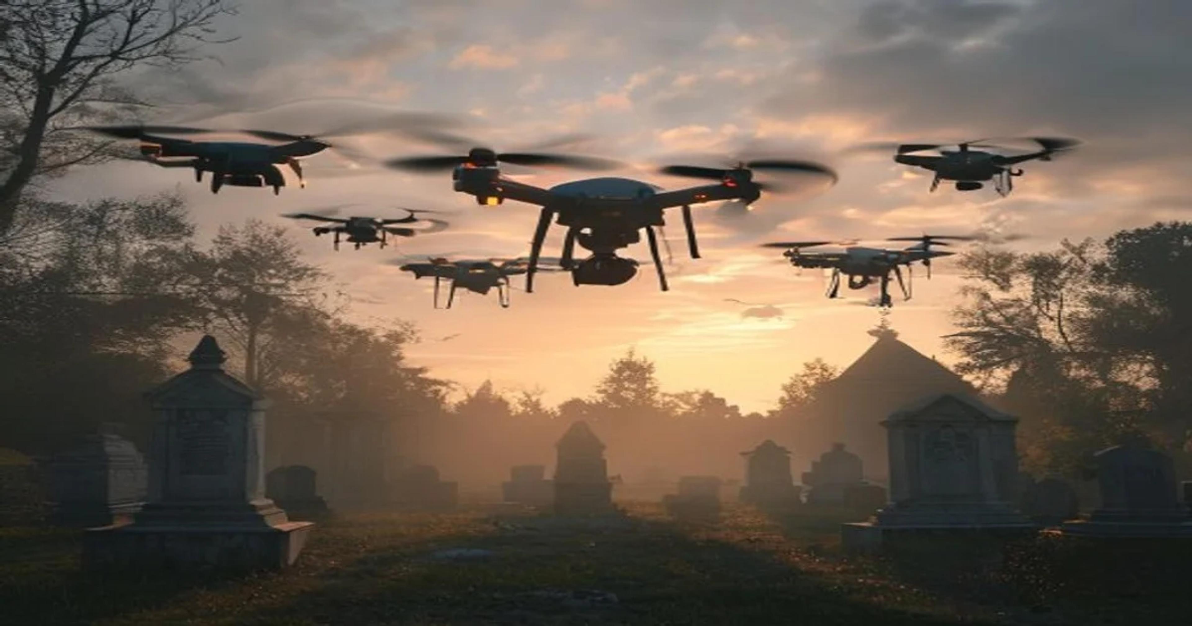 Autonomous drones performing high-tech maintenance in a peaceful, lush historic cemetery.