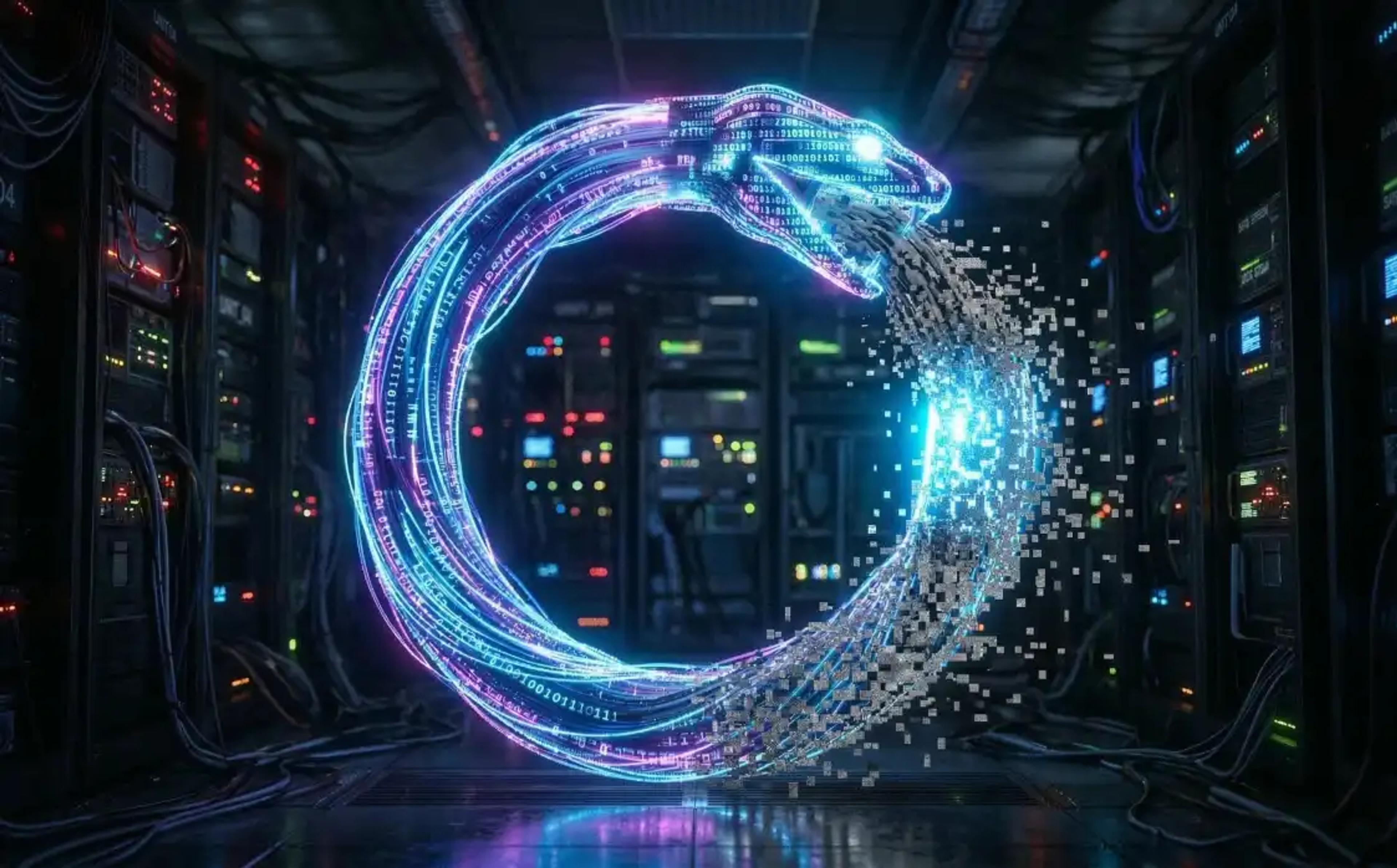 A digital Ouroboros representing Model Collapse, where an AI serpent made of code eats its own tail and degrades into glitched pixels, symbolizing the toxic loop of synthetic data