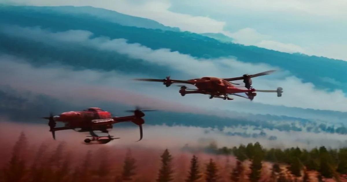 Autonomous drones patrolling a forest canopy using infrared sensors to detect early wildfire sparks.