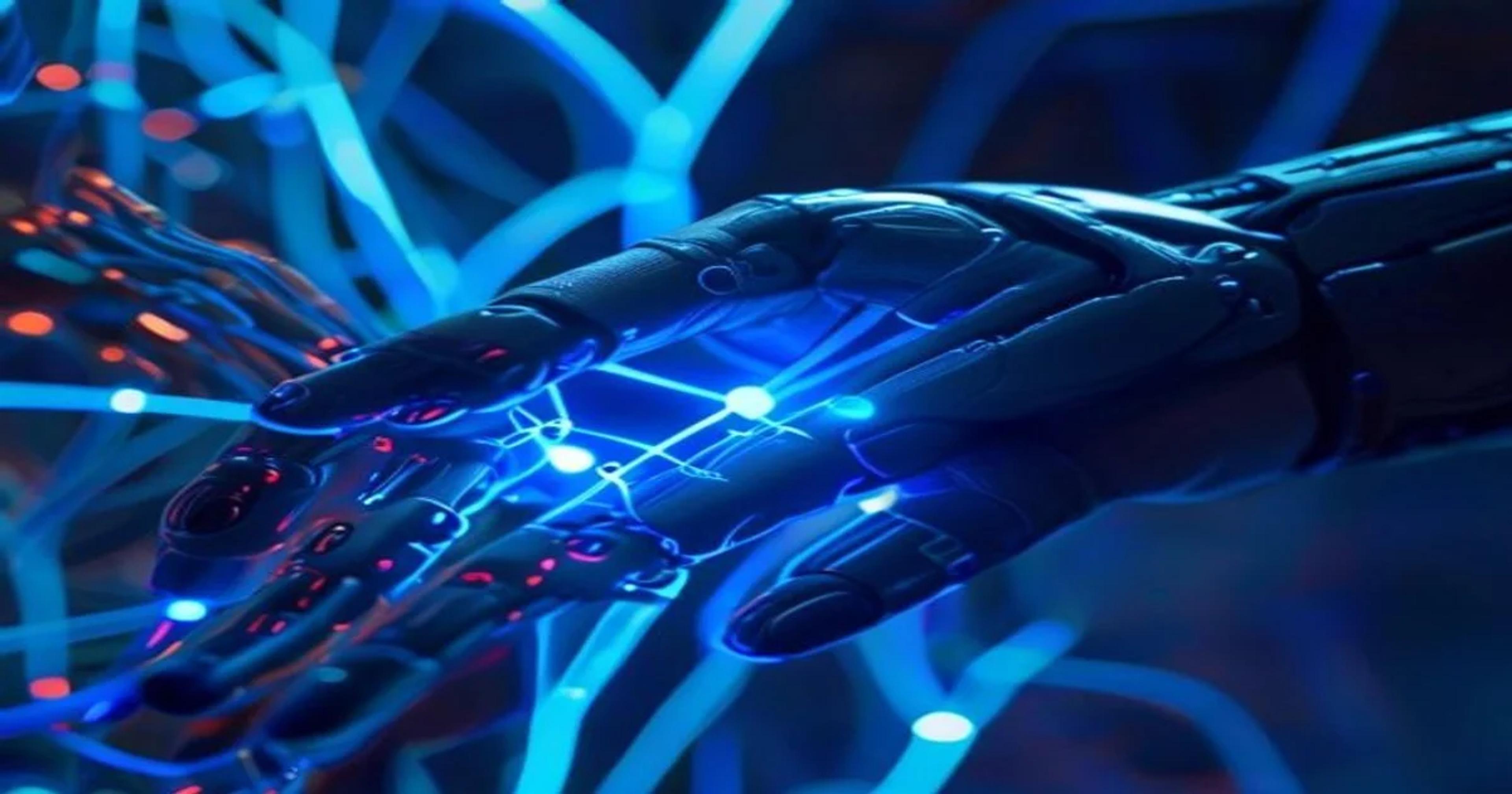 A futuristic bionic hand with neural connection points illustrating advanced AI-powered sensory integration technology.