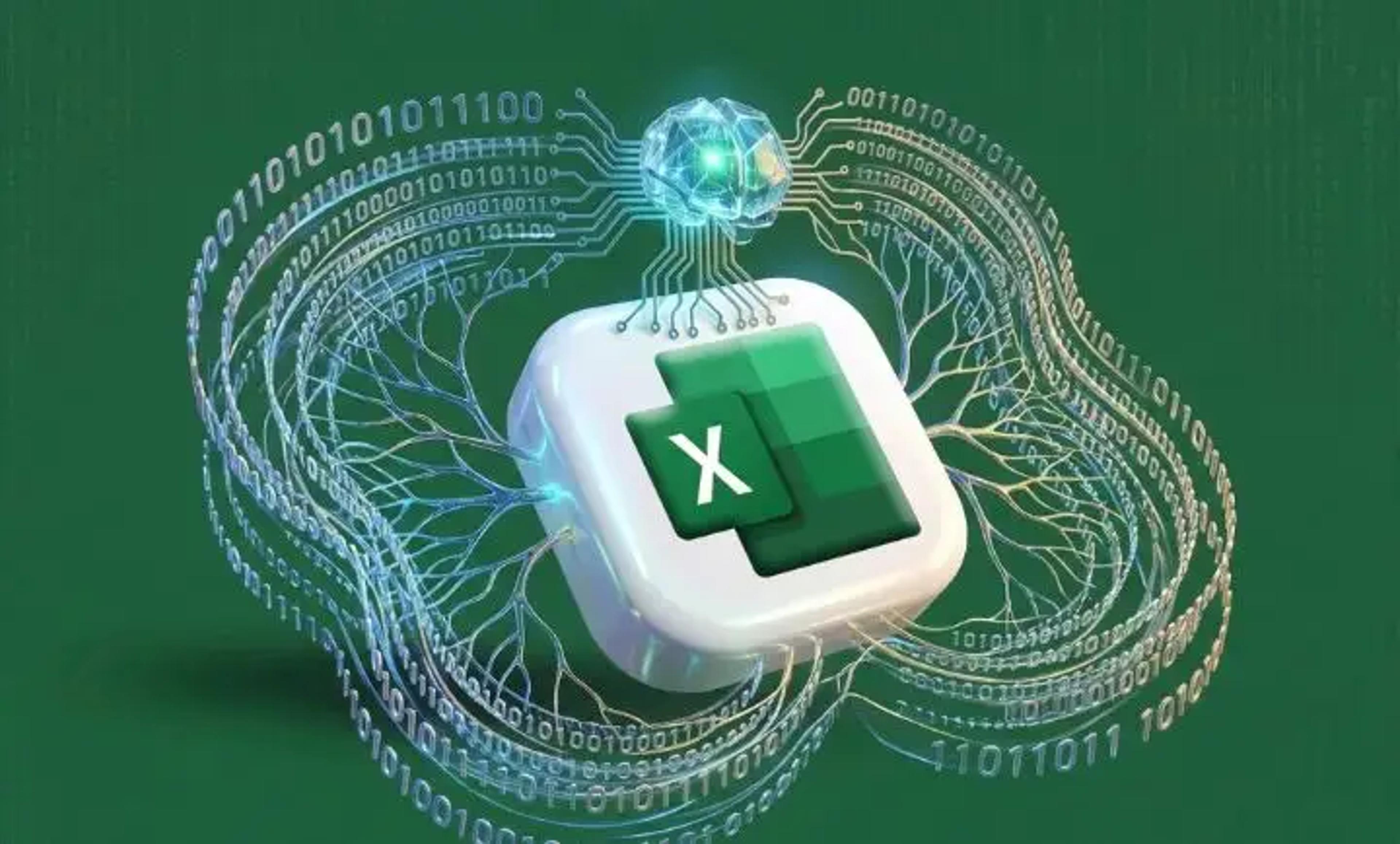 A conceptual digital illustration of a green Microsoft Excel icon at the center, surrounded by swirling bands of glowing binary code. A luminous digital brain sits on top, connected by neural circuits, symbolizing AI-powered spreadsheet automation and GPT integration