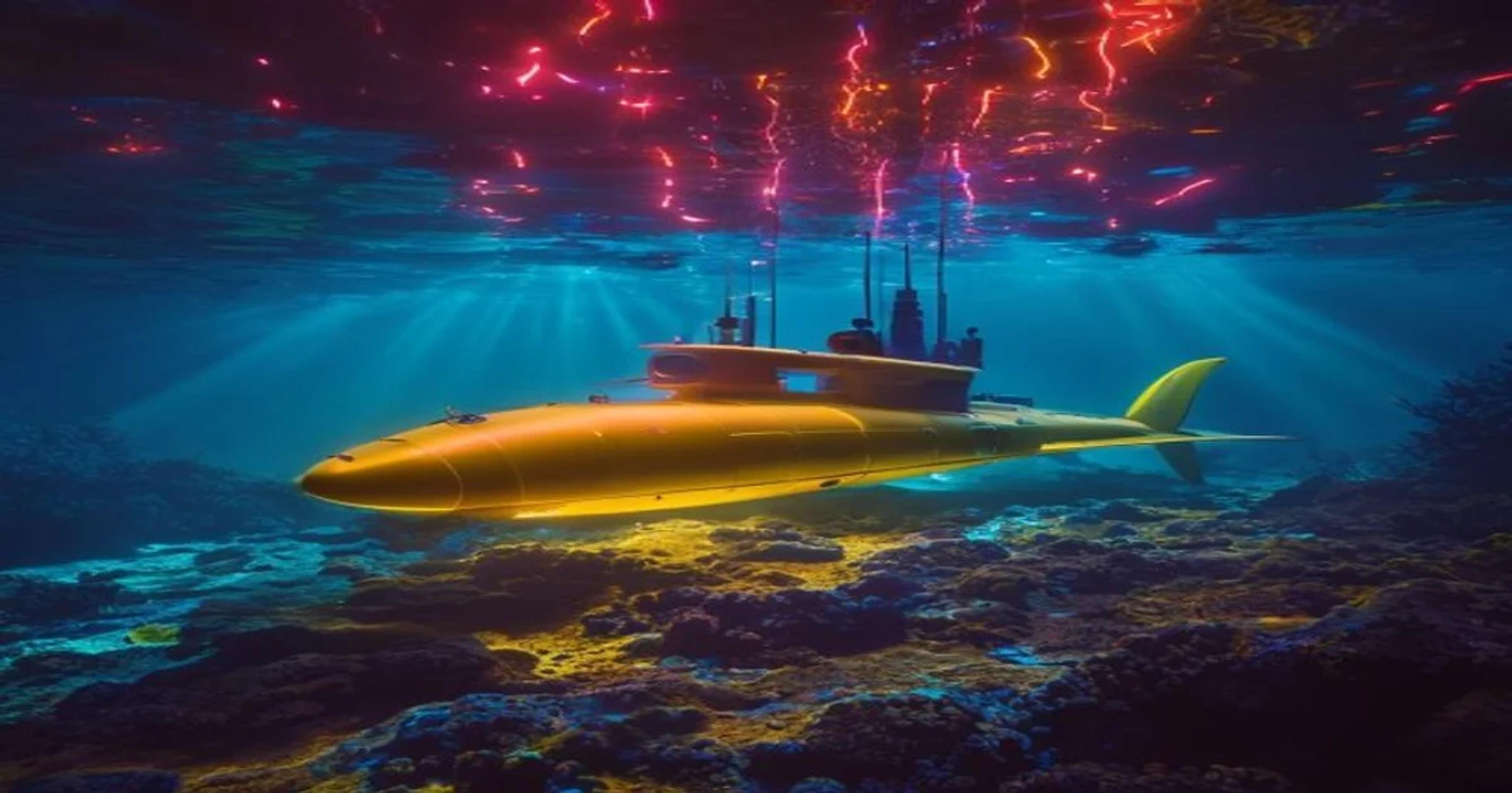 Autonomous underwater vehicle mapping mineral-rich ocean floor with advanced AI sensors.