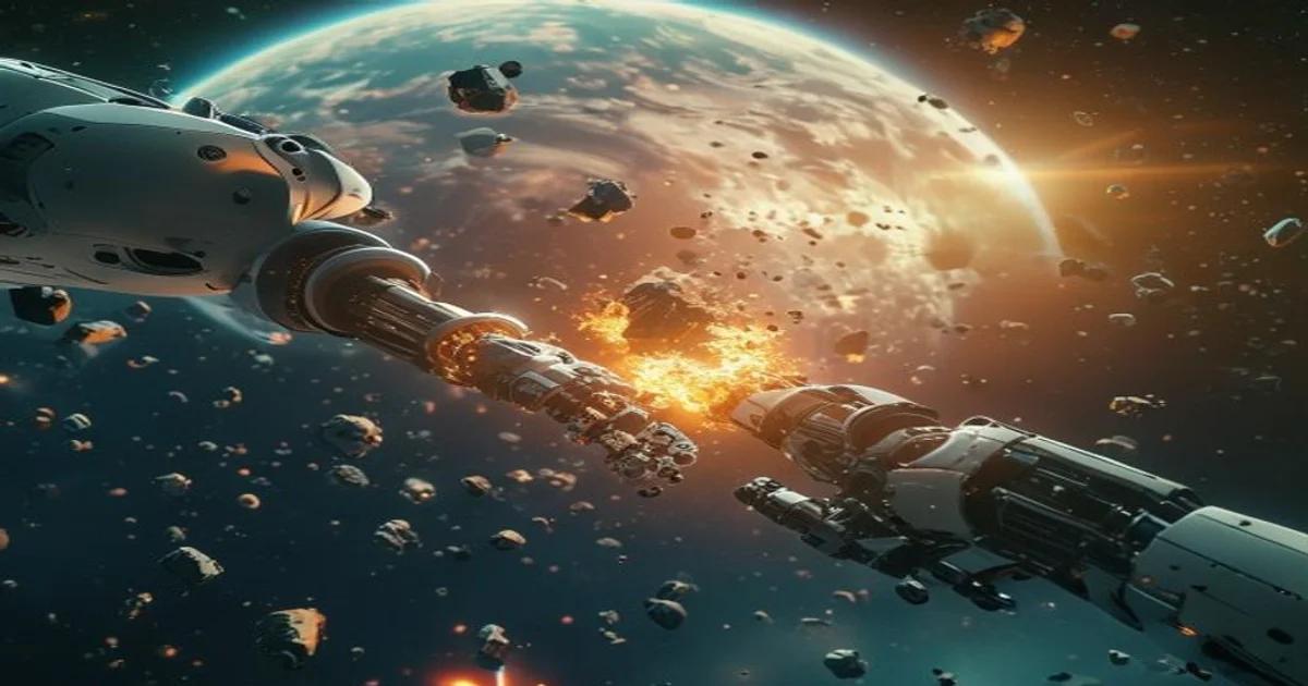 An autonomous AI-powered robotic satellite capturing metallic space debris in low Earth orbit.