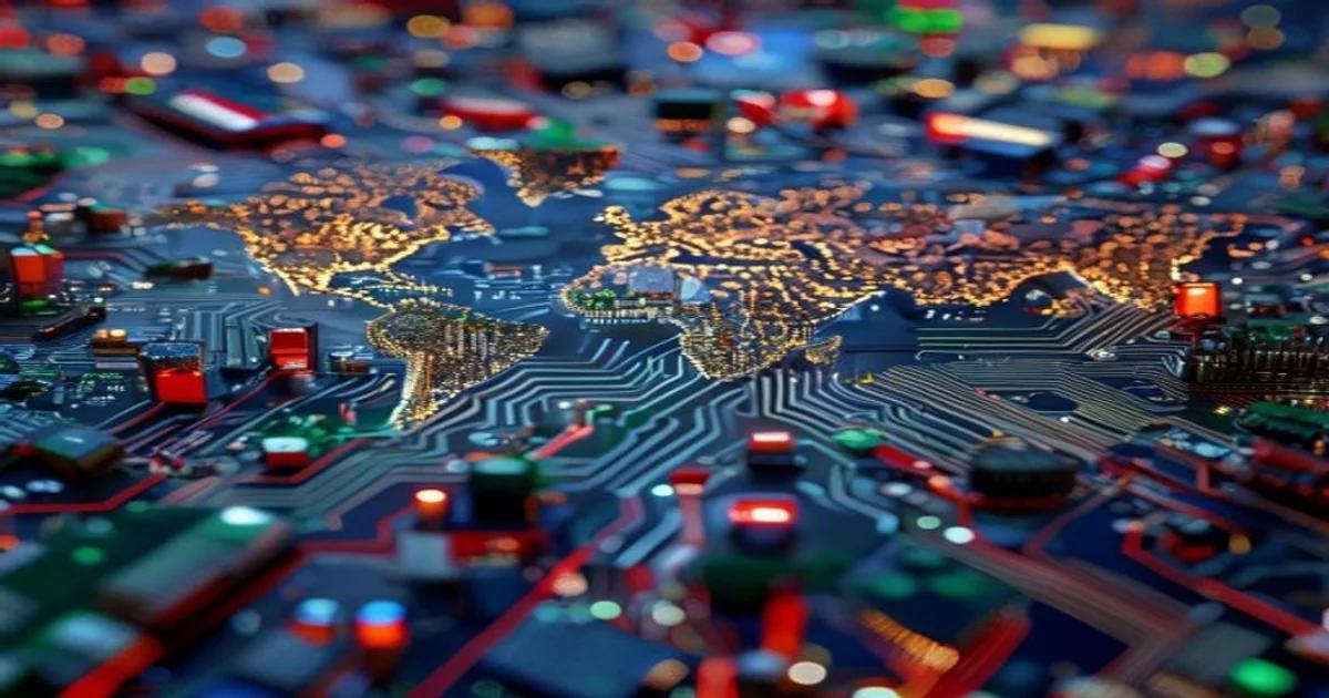 An artistic representation of global supply chains and political influence converging on a central AI microchip, symbolizing the geopolitical struggle for technological supremacy.