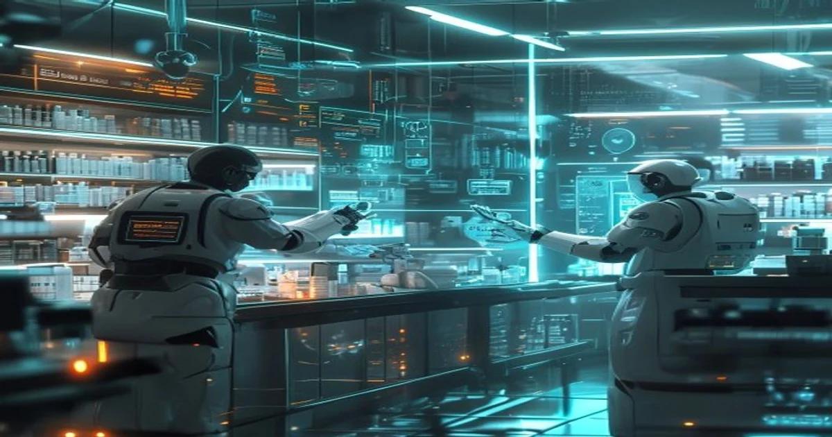 AI-powered pharmacy with automated systems and pharmacists collaborating with technology.