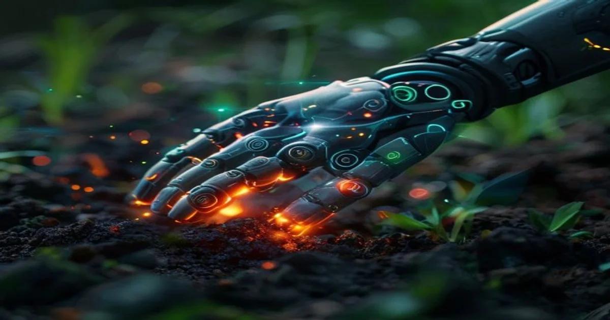 A high-tech robotic device performing soil analysis to optimize microbiome health in a farm field