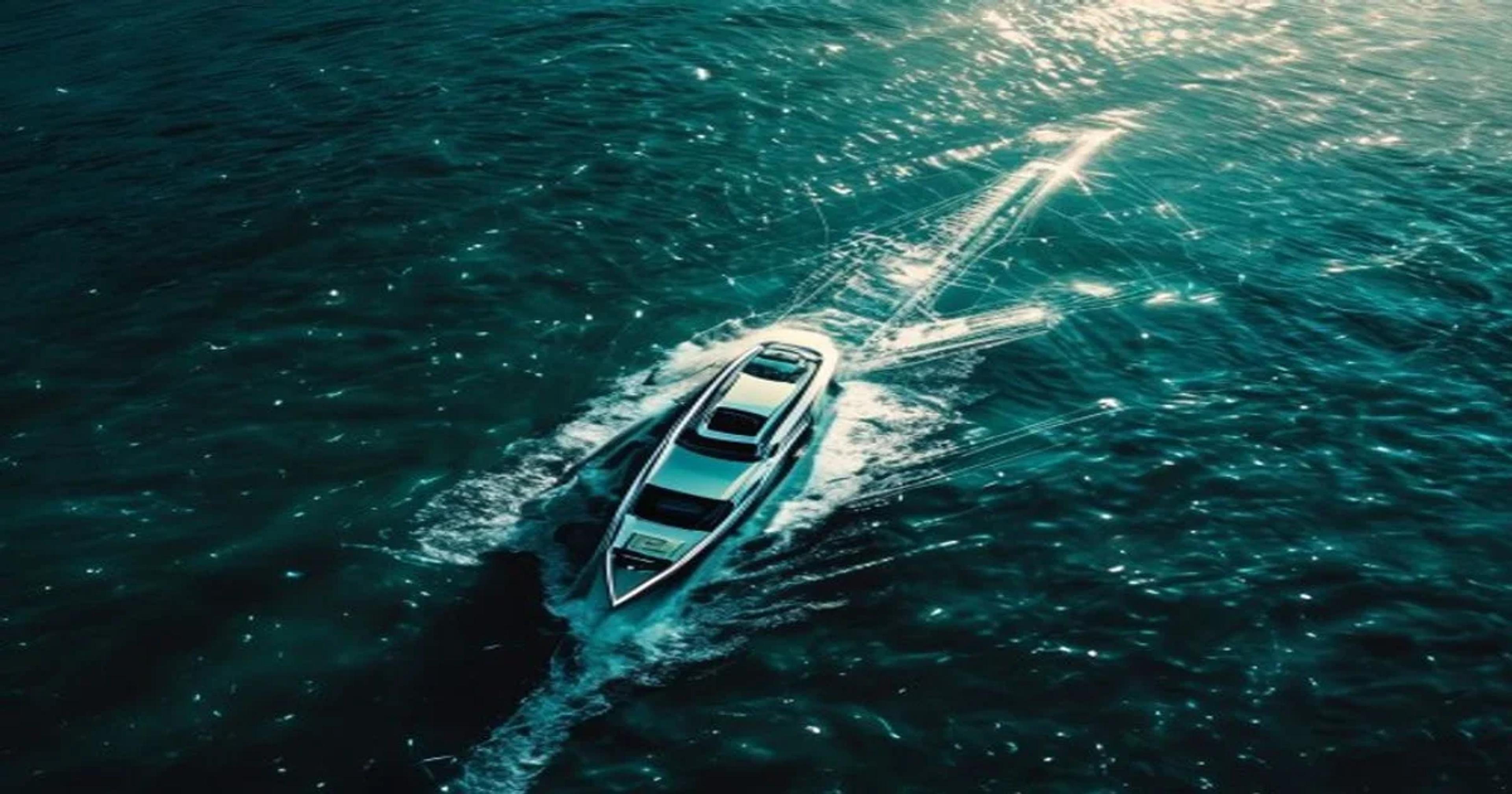 An advanced AI-powered boat interface monitoring marine life migration patterns in real-time on a digital display.