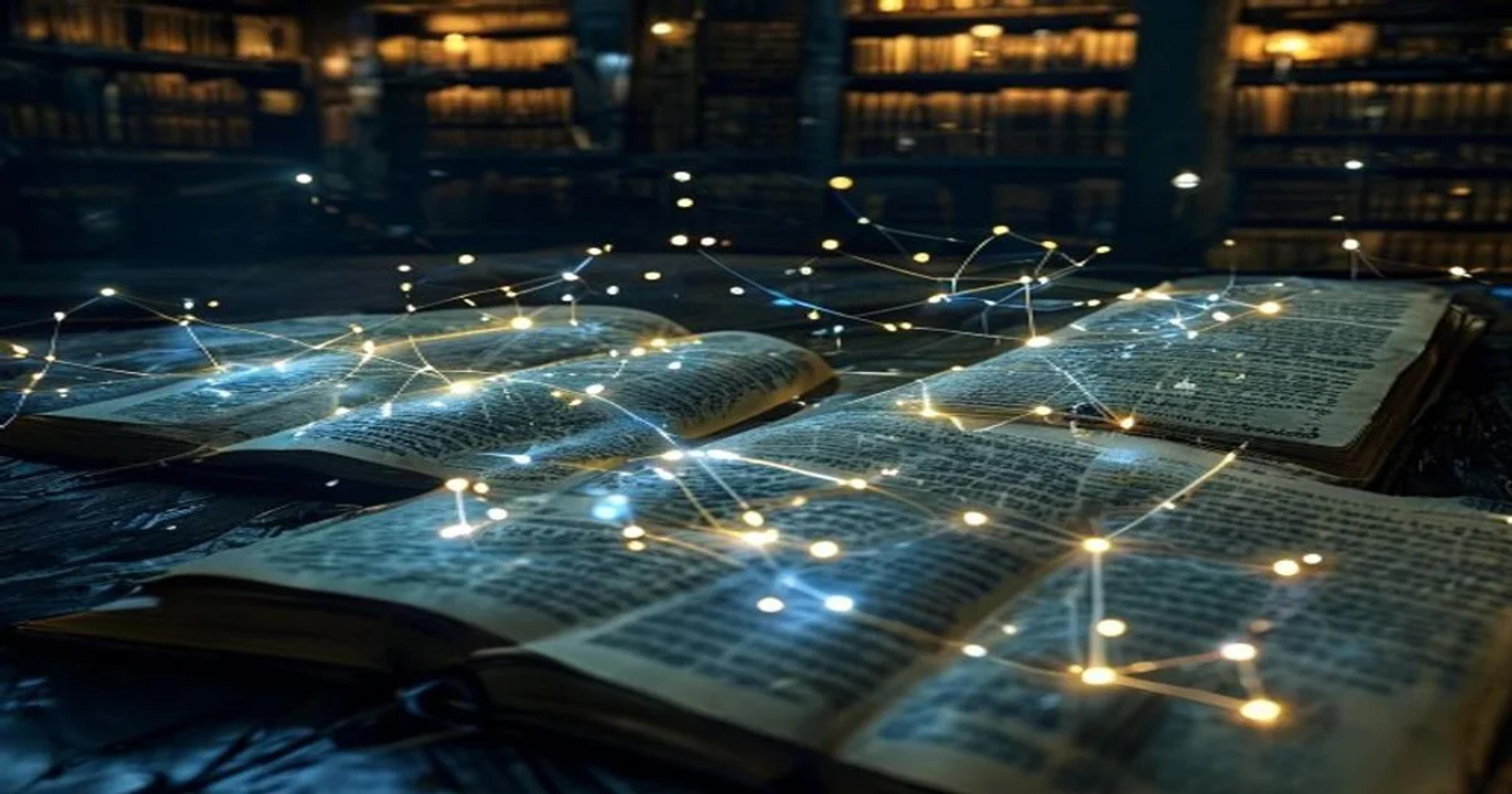 A conceptual visualization showing artificial intelligence patterns weaving through antique folklore manuscripts.