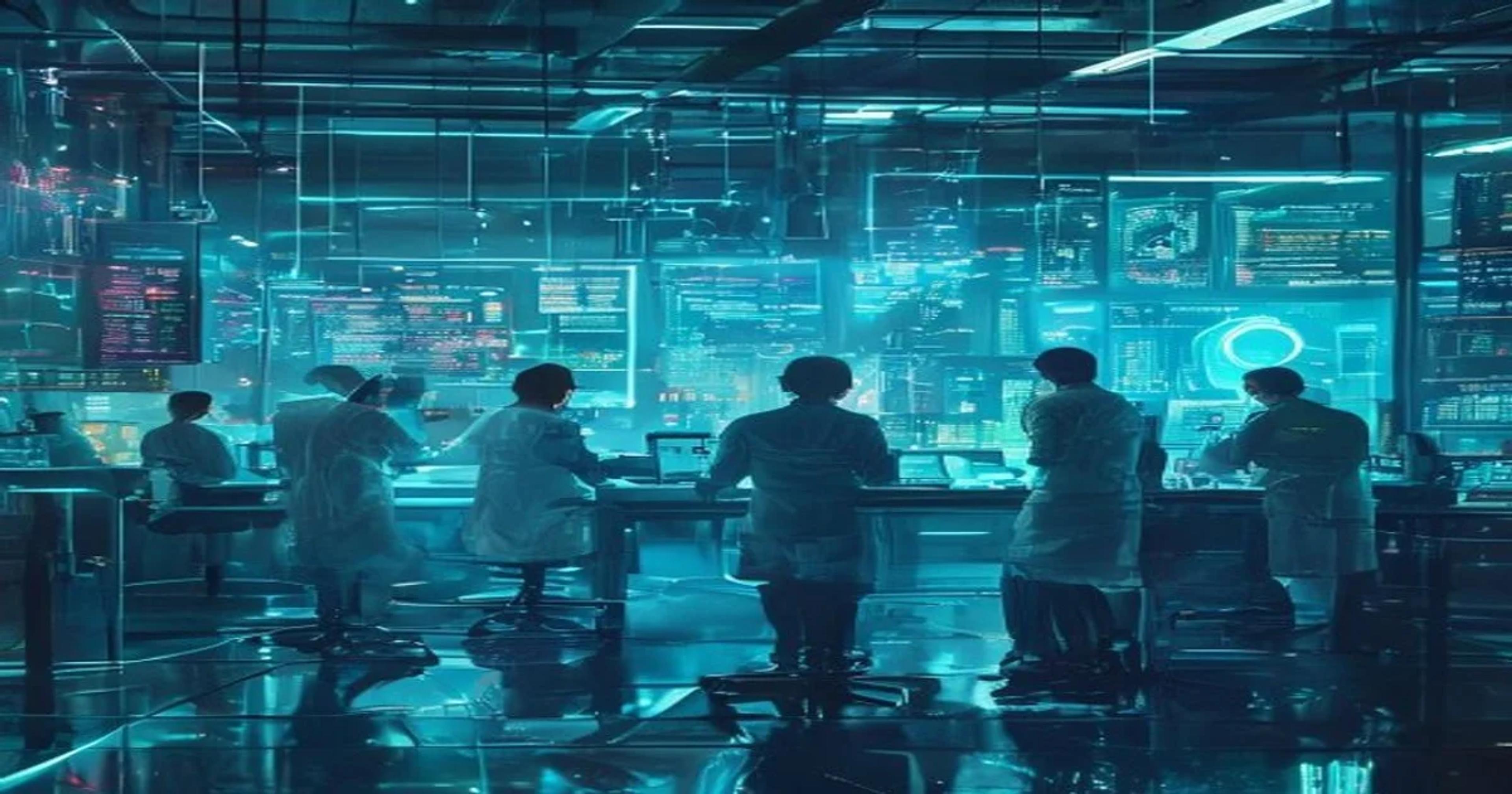 Scientists interacting with an advanced transparent AI system in a futuristic lab, visualizing complex data for scientific discovery.