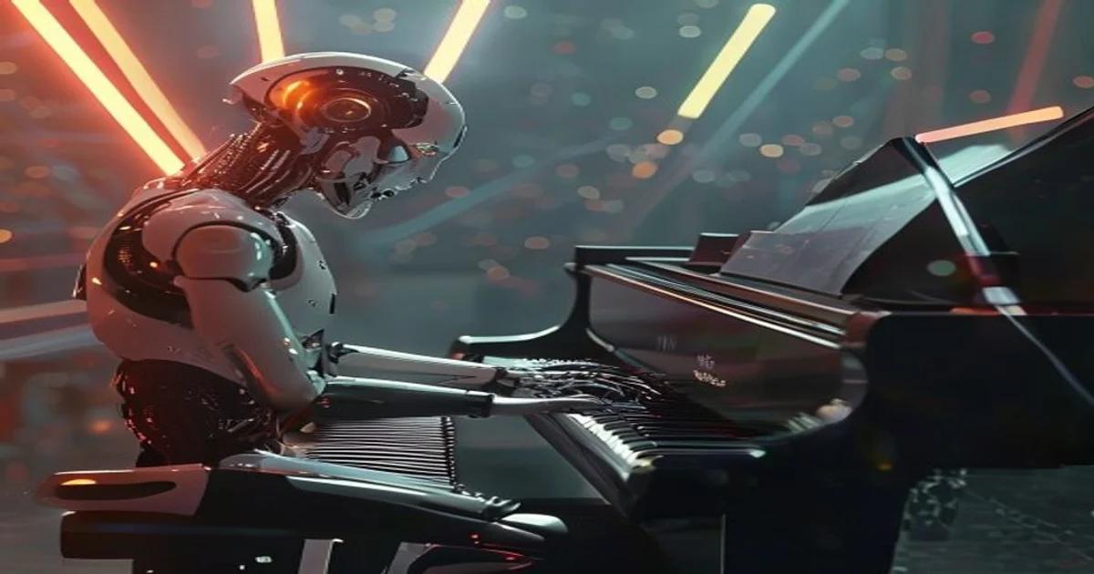 A sophisticated AI-driven robotic system performing complex piano music on a stage.